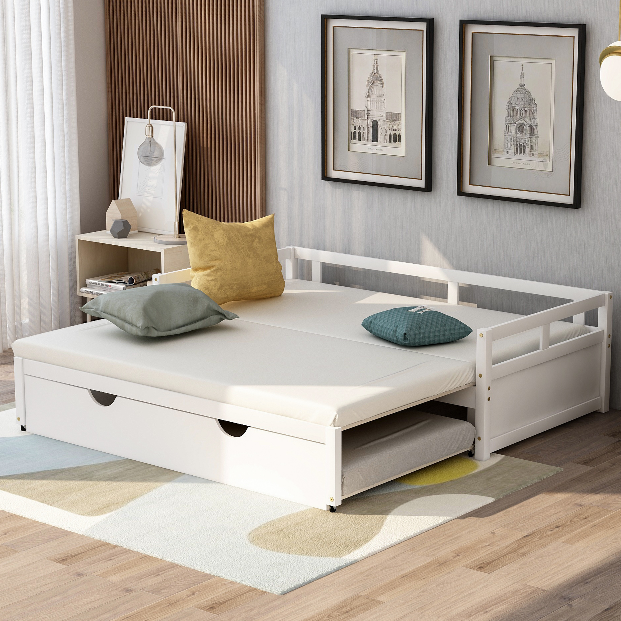 Extending Daybed with Trundle,&nbsp;Wooden Daybed with Trundle, White-Boyel Living