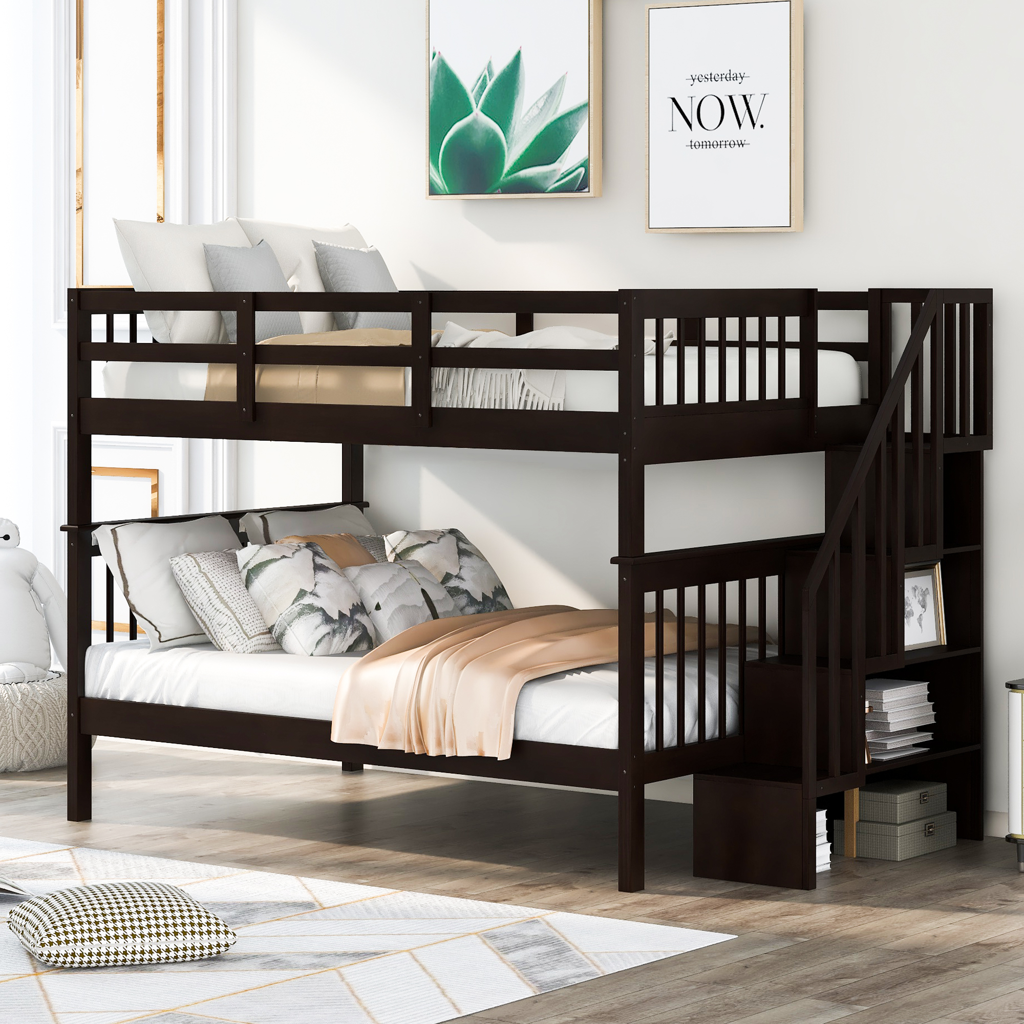 Stairway Full-Over-Full Bunk Bed with Storage and Guard Rail for Bedroom, Dorm, Espresso  color(Old SKU:LP000110AAP)-Boyel Living