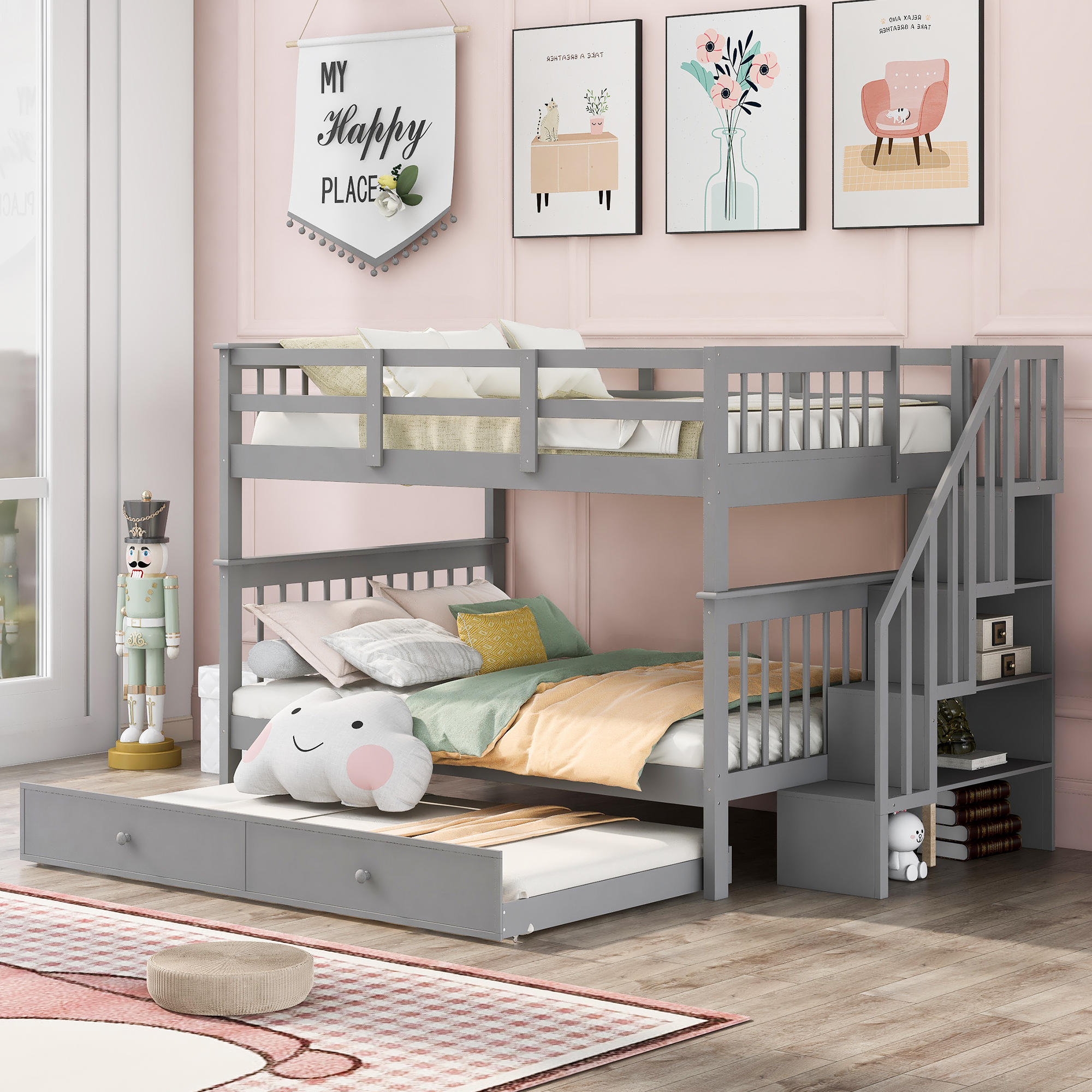 Stairway Full-Over-Full Bunk Bed with Twin size Trundle, Storage and Guard Rail for Bedroom, Dorm - Gray-Boyel Living