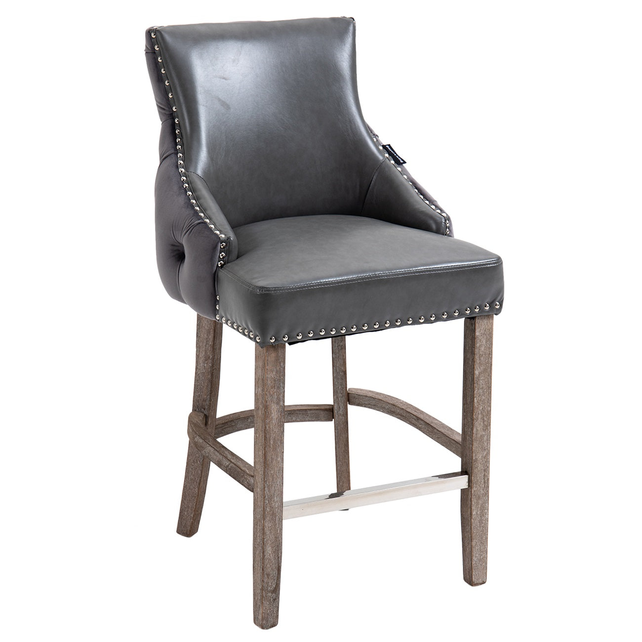 40 in. Gray Velvet+PU Fabric Nailhead Tufted Bar Stool with 4 Solid Wood Legs, Set of 2-Boyel Living