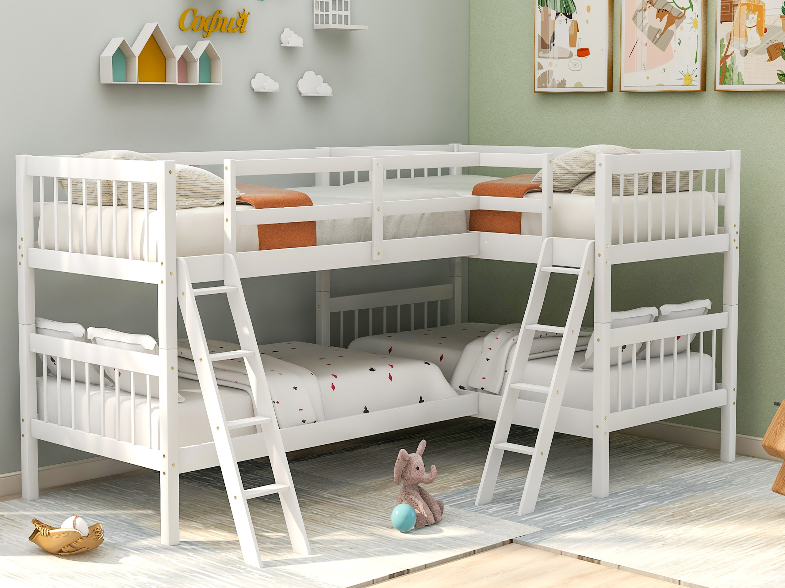 L-Shaped Bunk Bed with Ladder,Twin Size-Gray(OLD SKU :LP000020AAK)-Boyel Living