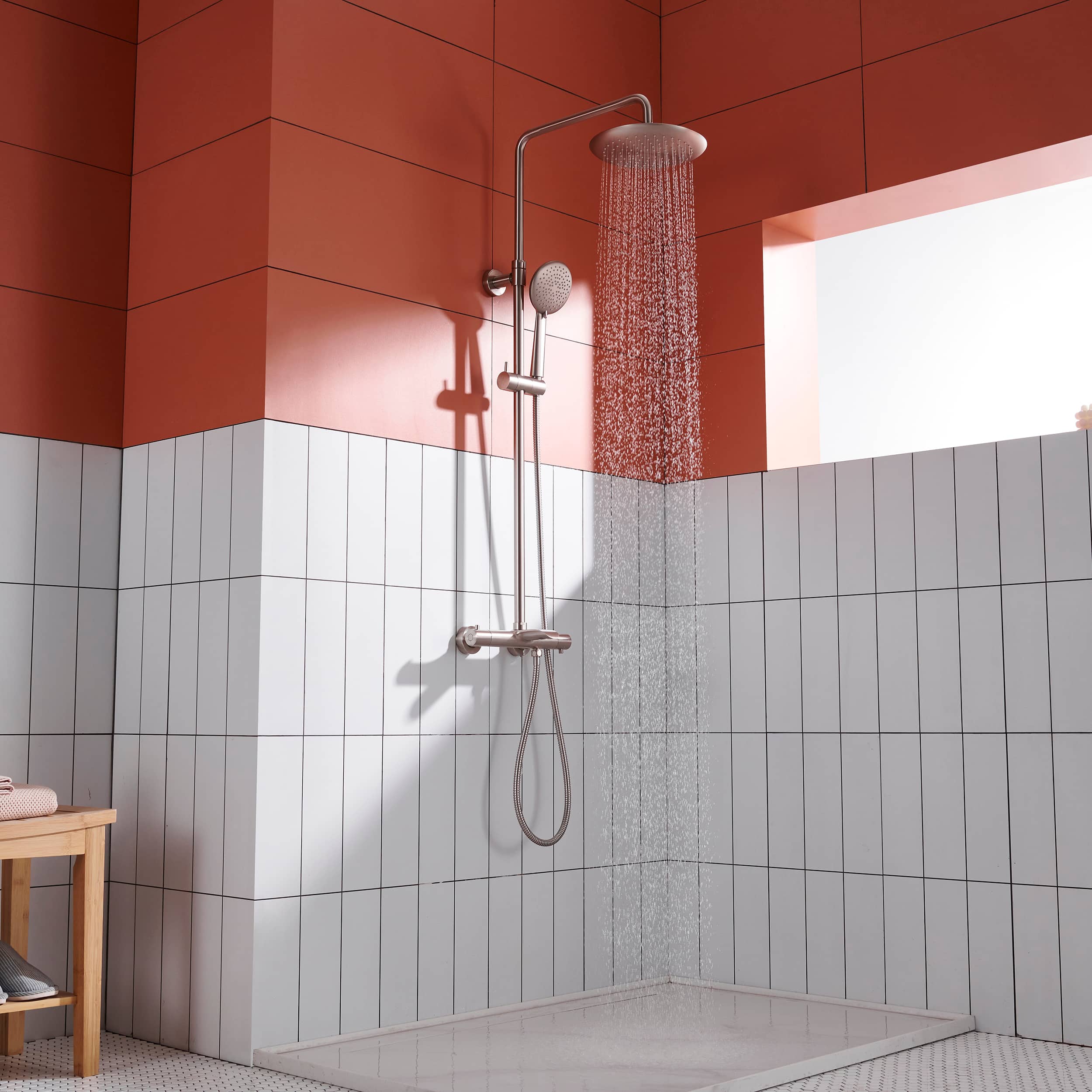 3 Function Wall Mount Round Thermostatic Rain Shower System with Tub Spout in Brushed Nickel-Boyel Living