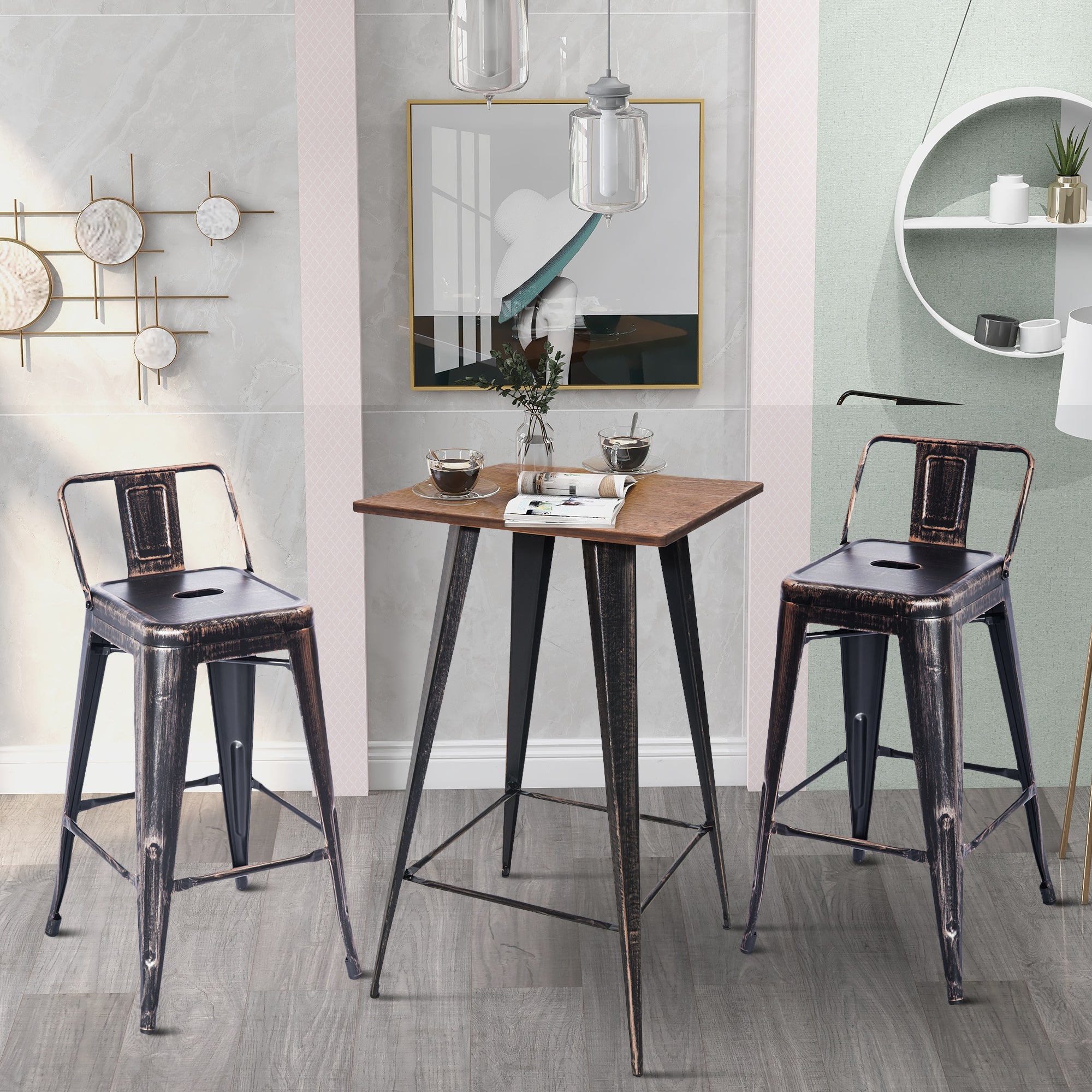 Distressed Bar Table and stools set, Bamboo tabletop,Golden black stools-Boyel Living