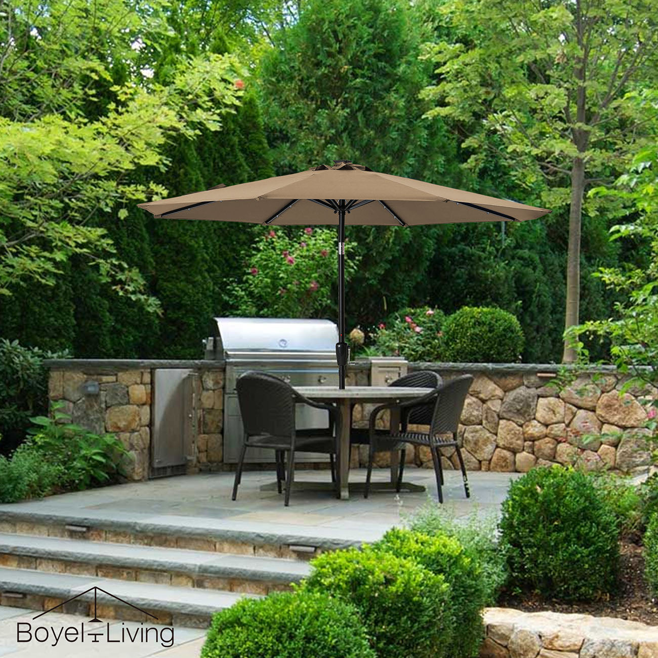 Boyel Living 9-ft Patio Umbrella with LED Lights (Taupe)-Boyel Living