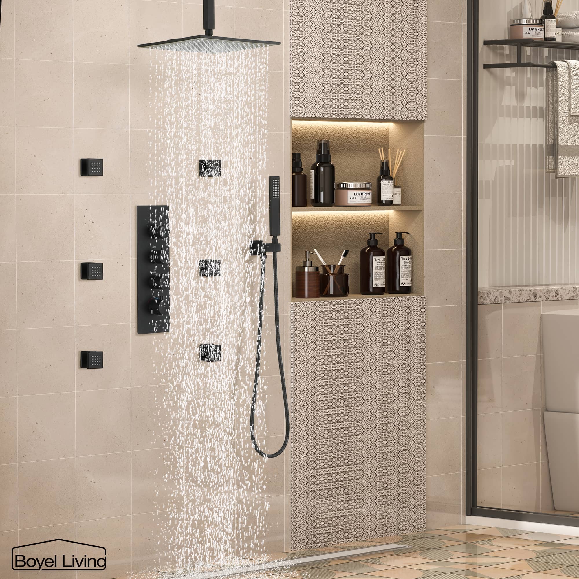 Boyel Living Ceiling Mount Rainfall Thermostatic Shower System Combo Set with Luxury 6 Jets-Boyel Living