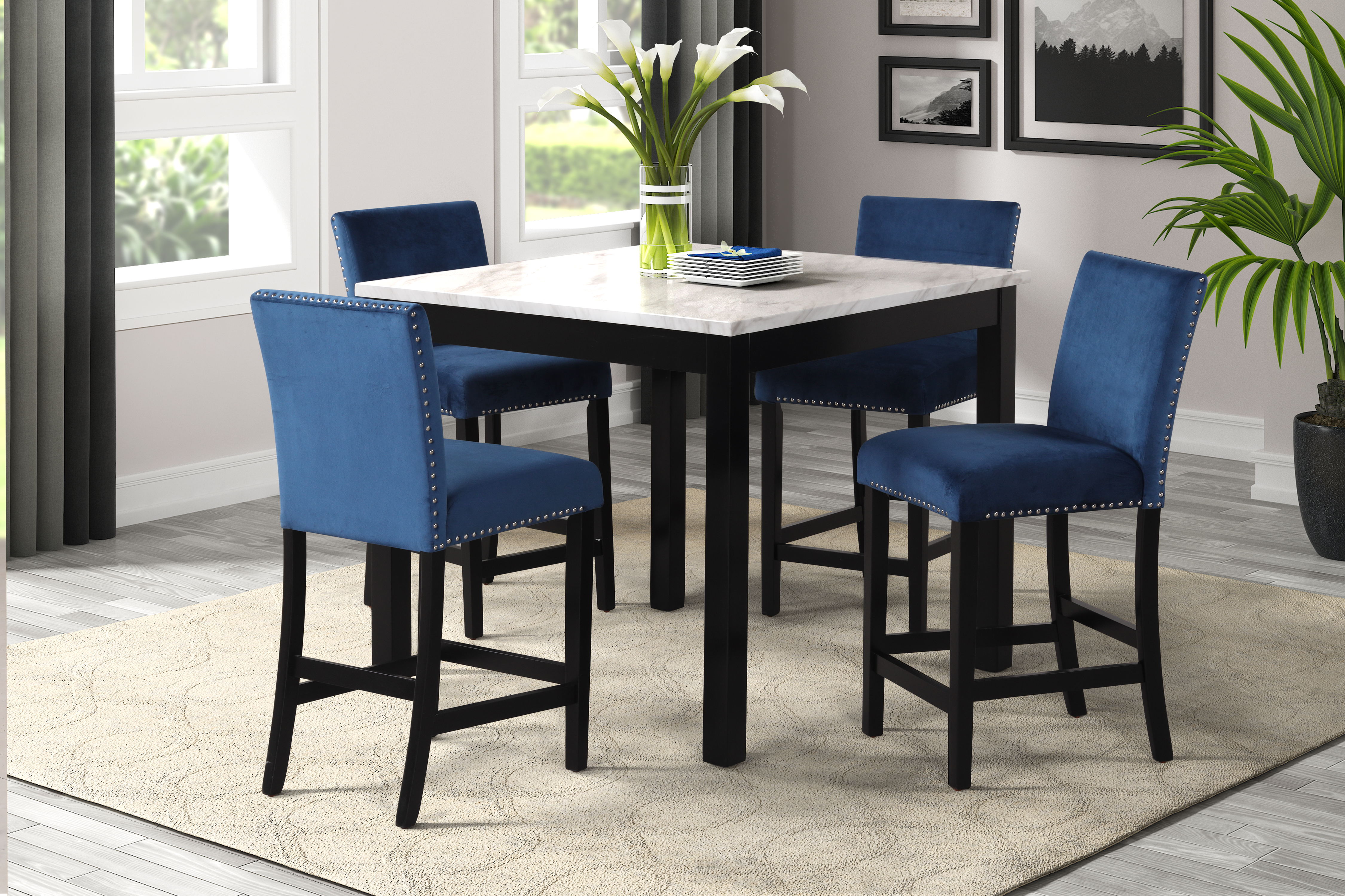 5-piece Counter Height Dining Table Set with One Faux Marble Dining Table and Four Upholstered-Seat Chairs，Table top: 42in.L x42in.W, for Kitchen and Living room Furniture, Blue-Boyel Living