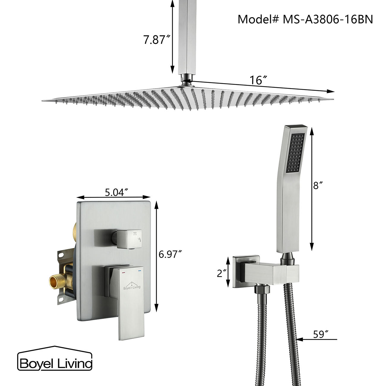 Boyel Living Ceiling Mount Dual Shower Heads, 2.5 GPM Shower System with Handheld Shower, 10 in./16 in. Brushed Nickel/Matte Black-Boyel Living