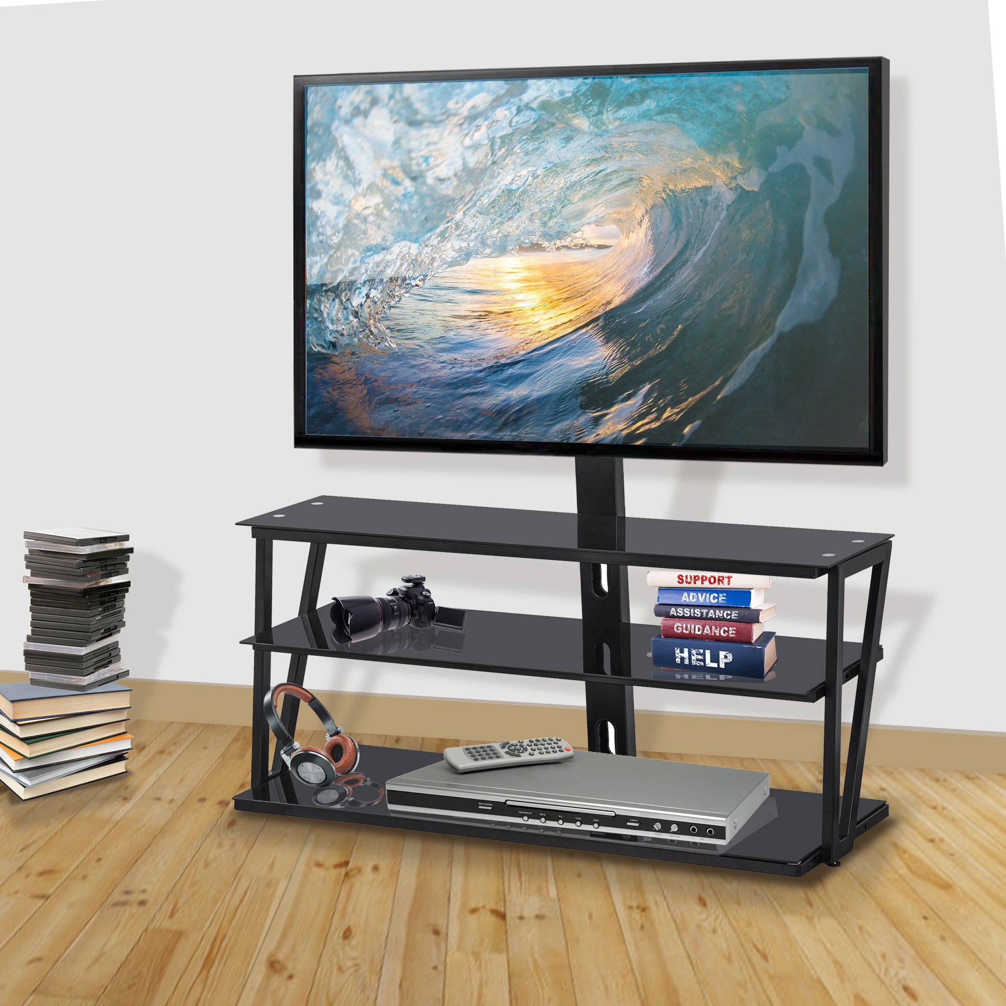 Universal Tempered Glass metal frame Three-layer glass TV Stand for 32~65 inch TV-Boyel Living