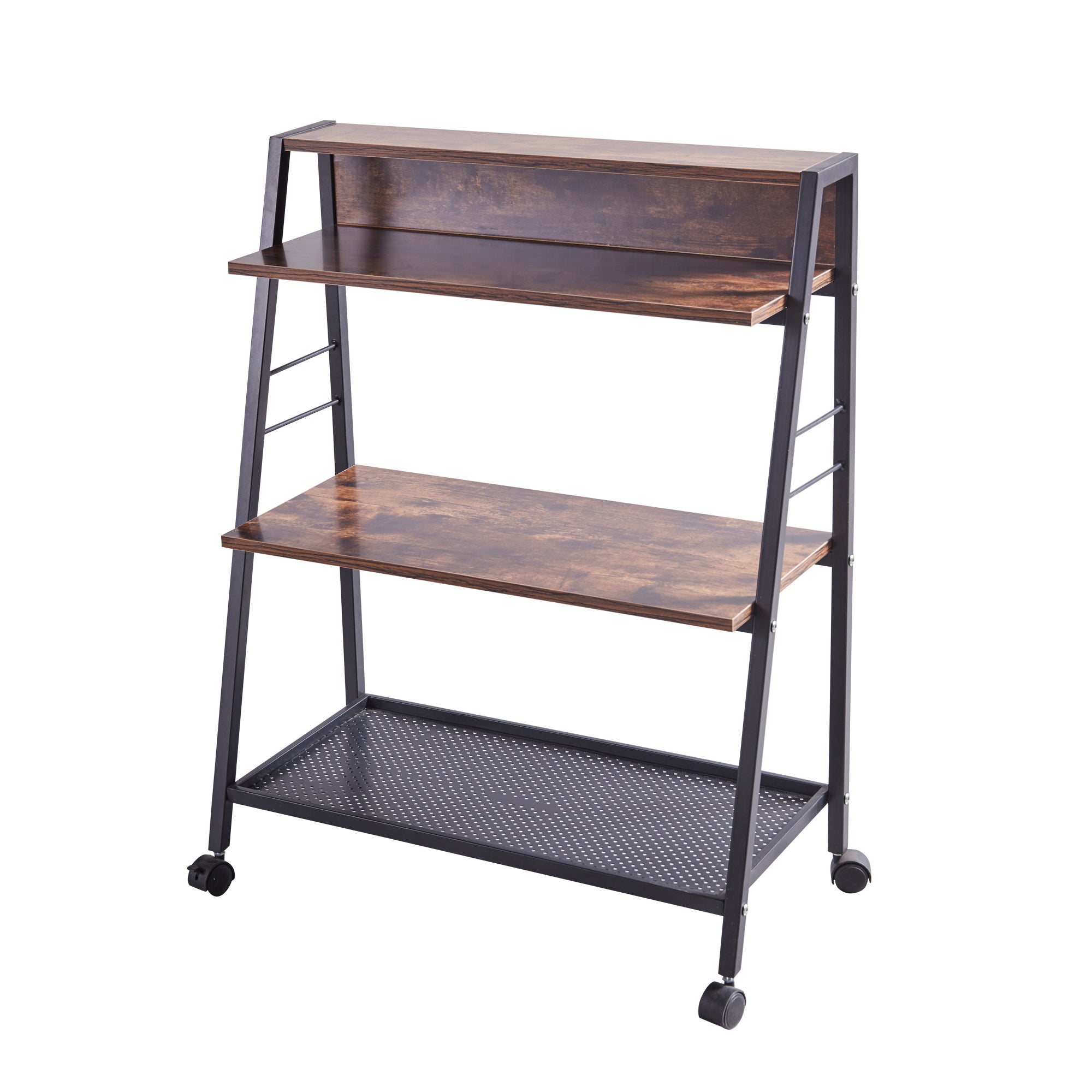 35 in. H Brown Wood 3-Shelf Ladder Bookcase with Open Back and Wheels-Boyel Living