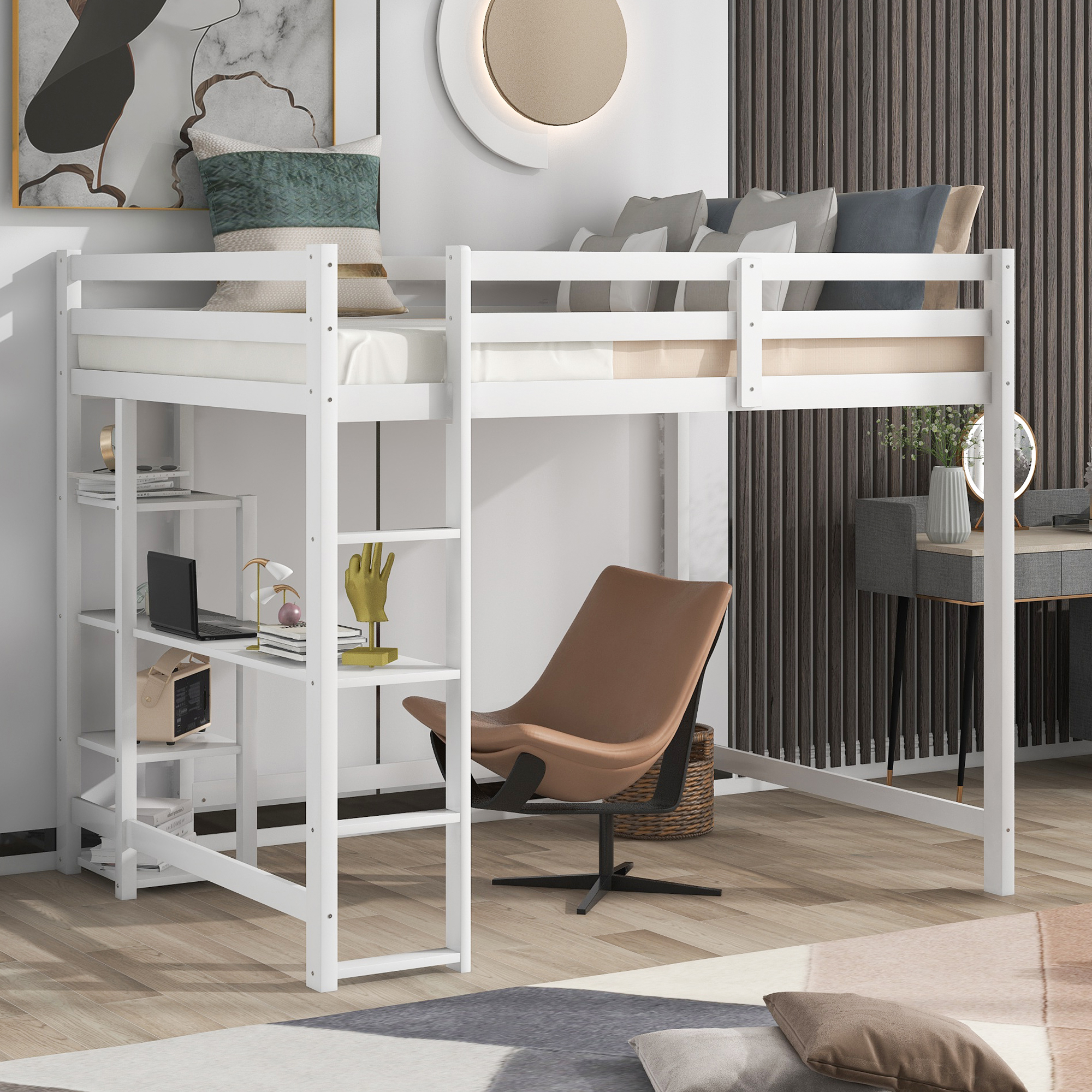 Full Size Loft Bed with Built-in Desk and Shelves,White/Gray