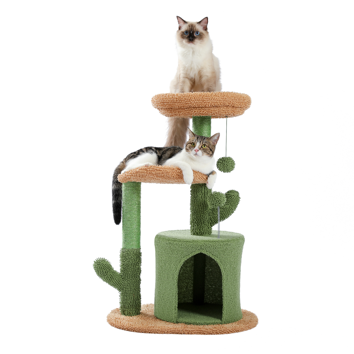 Cat Tree 32 Inches Cactus Cat Tower with Sisal Covered Scratching Post, Cozy Condo, Plush Perches and Fluffy Balls for Indoor Cats Green-Boyel Living