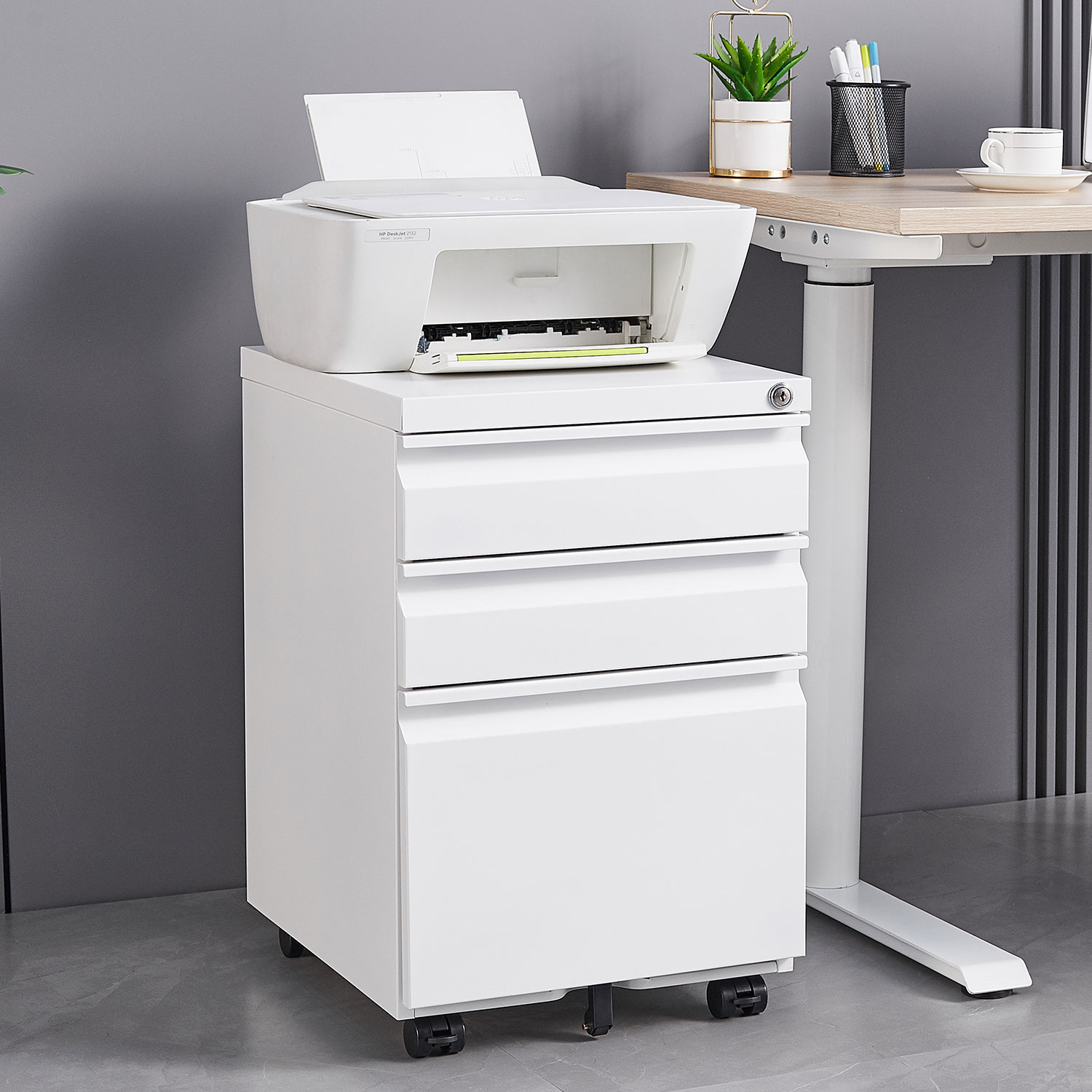 3 Drawer Mobile Locking File Cabinet, Rolling Filing Cabinet for Letter/A4 Size With 5 Wheels ,WHITE