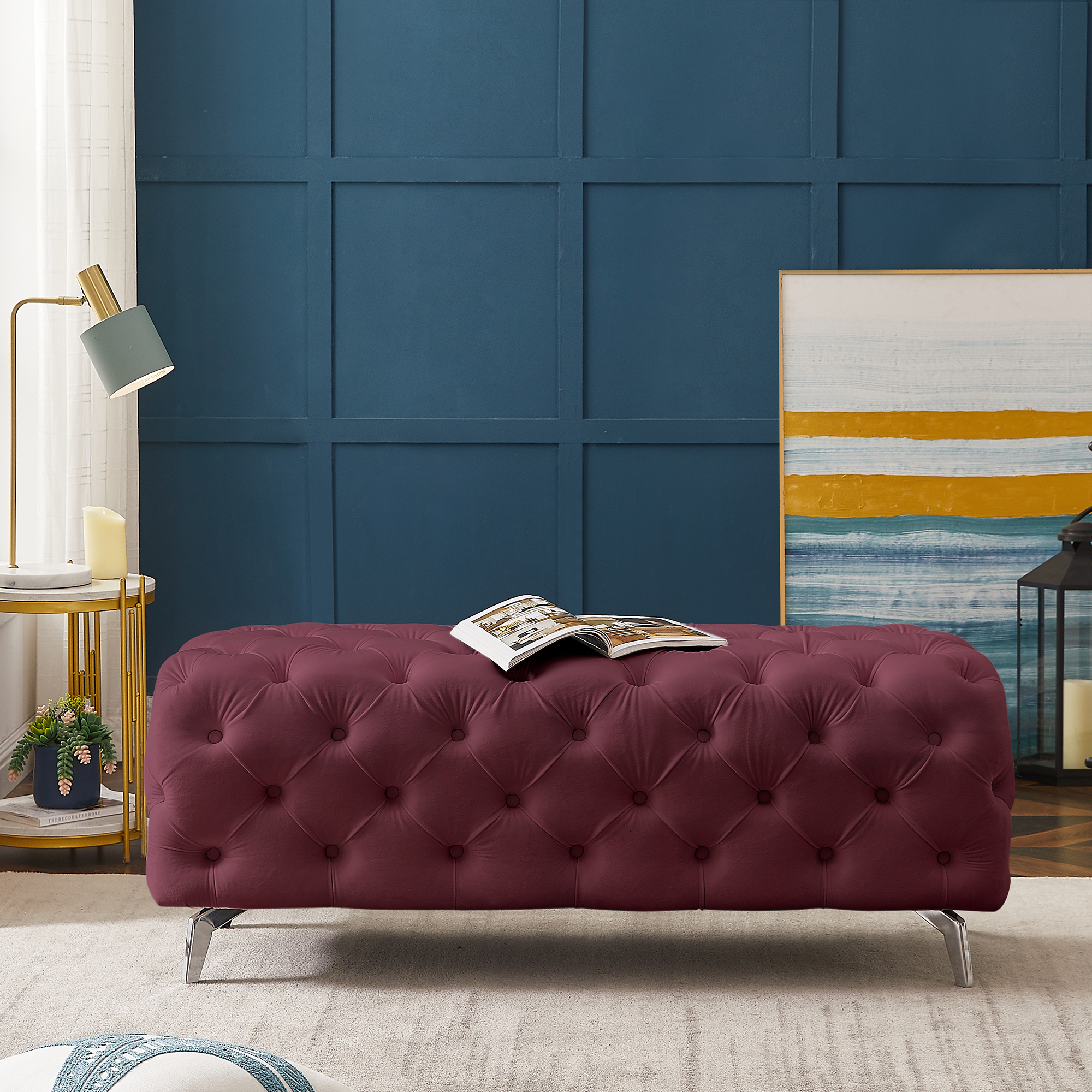 Button-Tufted Ottoman Bench, Upholstered Velvet Footrest Stool Accent Bench for Entryway Living Room Bedroom.-Boyel Living