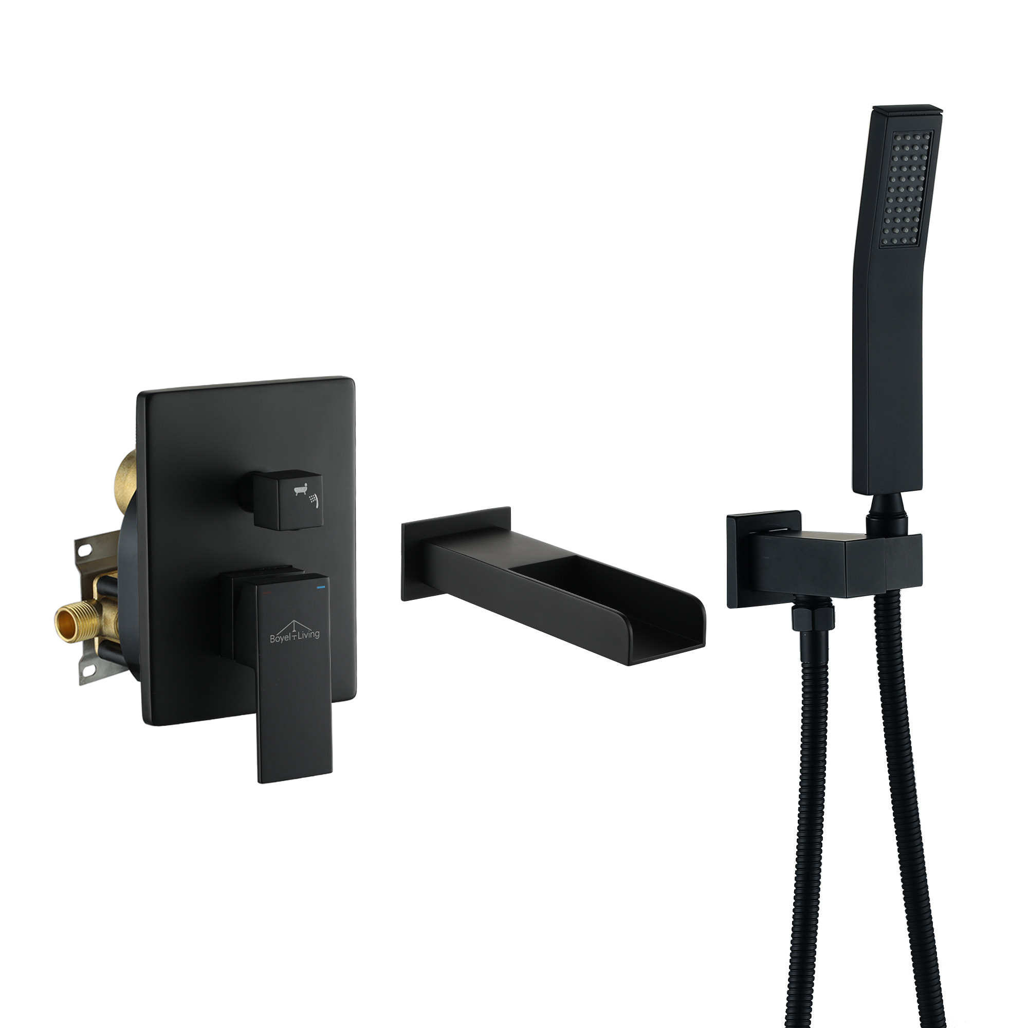 Boyel Living Single-Handle Waterfall Tub Spout with Handheld Shower In Matte Black- Valve Included-Boyel Living