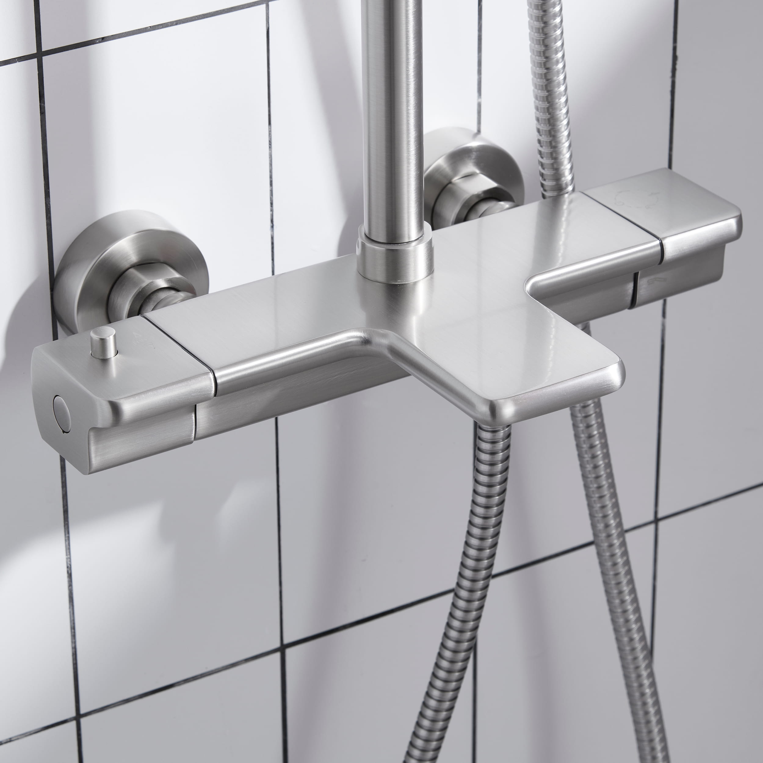 10 in. Wall Mount Thermostatic Rain Shower System with Handheld Shower and Tub Spout in Brushed Nickel-Boyel Living