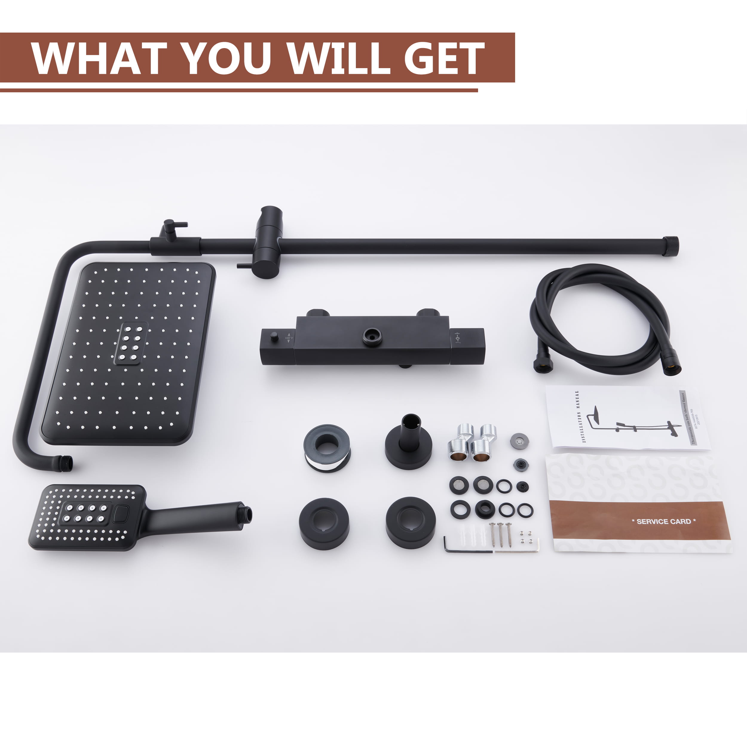 2 Function Wall Mount Rectangular Thermostatic Rain Shower System in Matte Black-Boyel Living