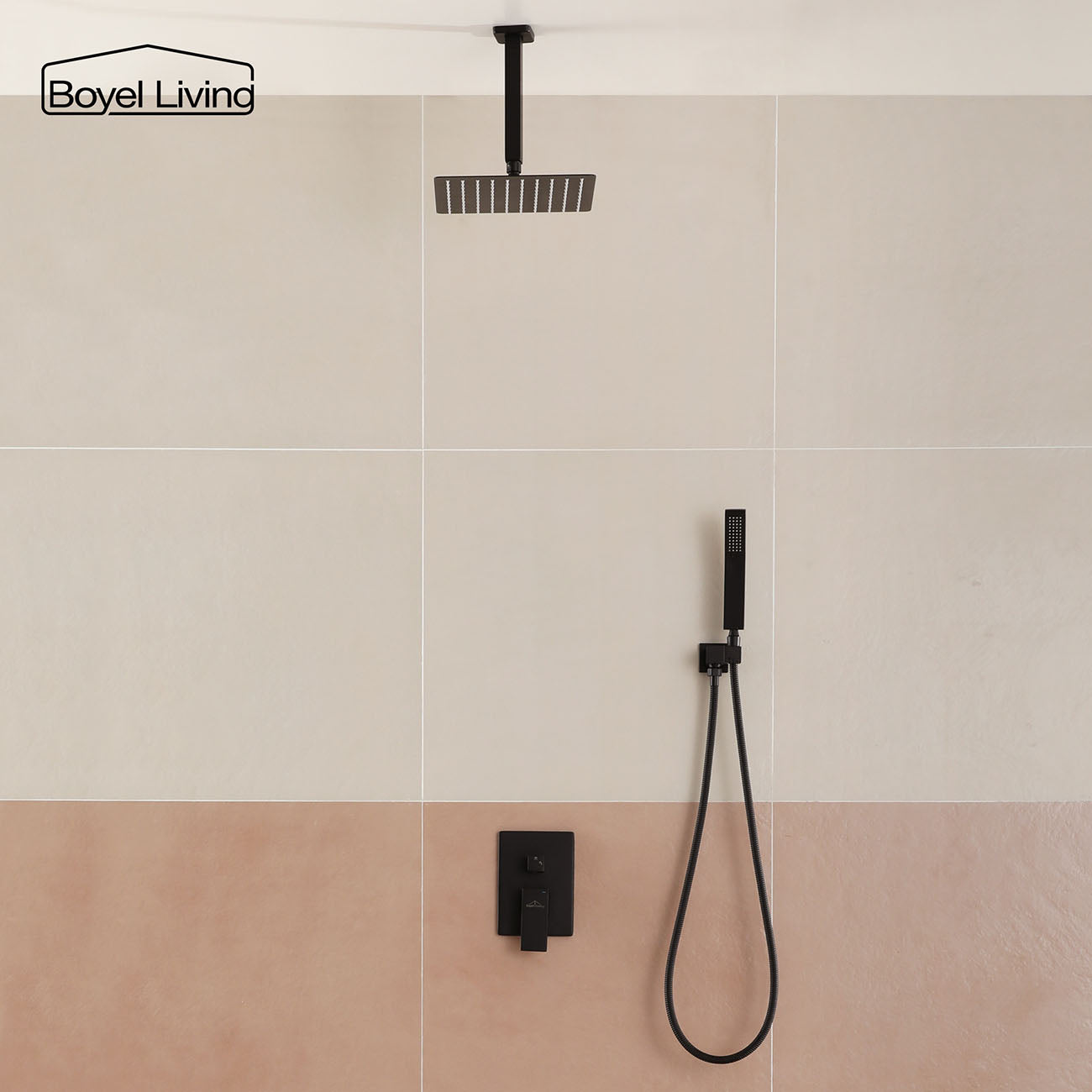 Boyel Living Ceiling Mount Dual Shower Heads, 2.5 GPM Shower System with Handheld Shower, 10 in./16 in. Brushed Nickel/Matte Black-Boyel Living