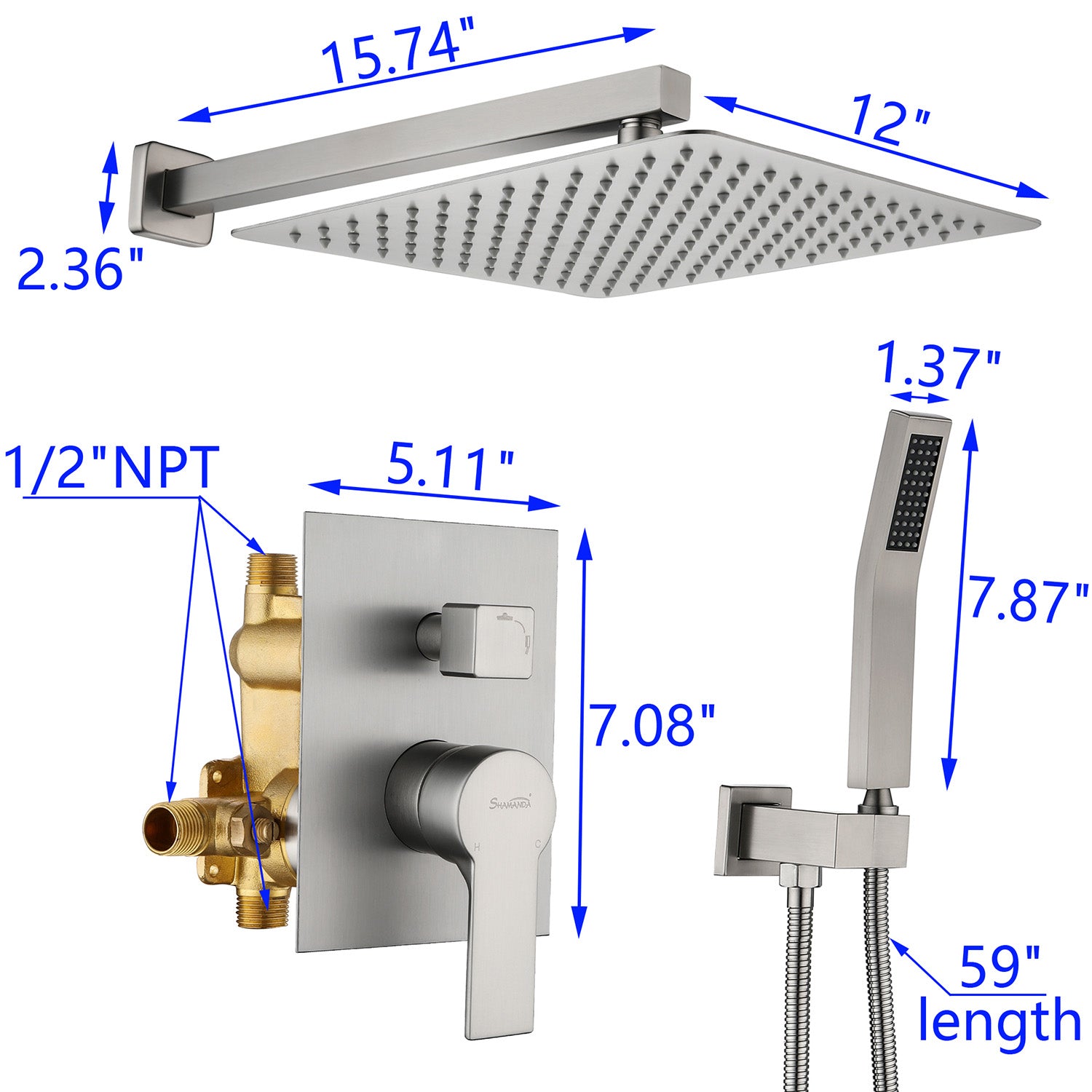 Boyel Living Wall Mount Rainfall Complete Shower System in Brushed Nickel, 10/12 in. -Boyel Living