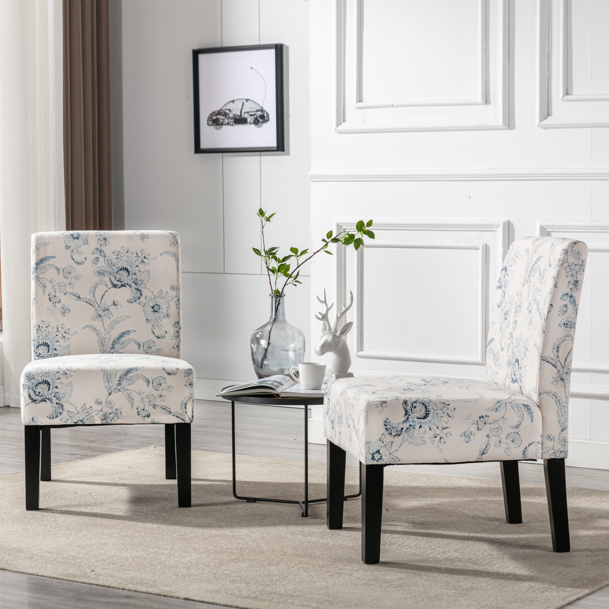 HengMing Traditional Fabric Accent Chair, Print, .Modern Slipper Side Chairs for Living Room Bedroom/Home Office, White/Blue/Floral，Set of 2.