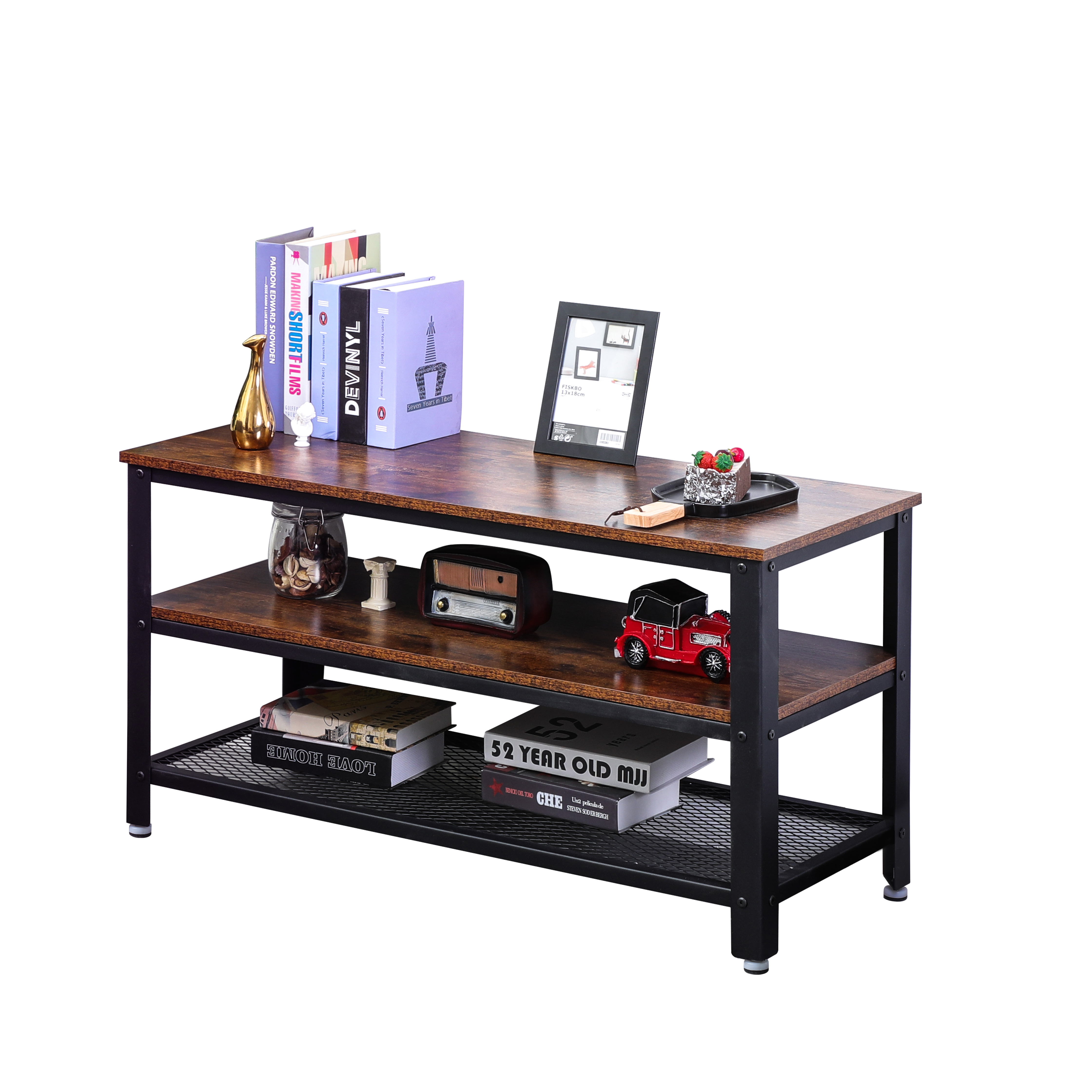 Industrial TV Table with Storage Shelf for Living Room, Wood Look Accent Furniture with Metal Frame, Easy Assembly, Rustic Brown.-Boyel Living