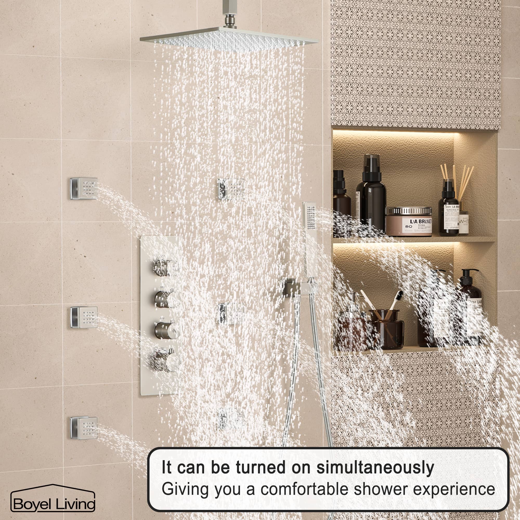 Boyel Living Luxury 6 Jets Thermostatic Shower System Combo Set with Ceiling Rainfall Shower Head and Handshower-Boyel Living