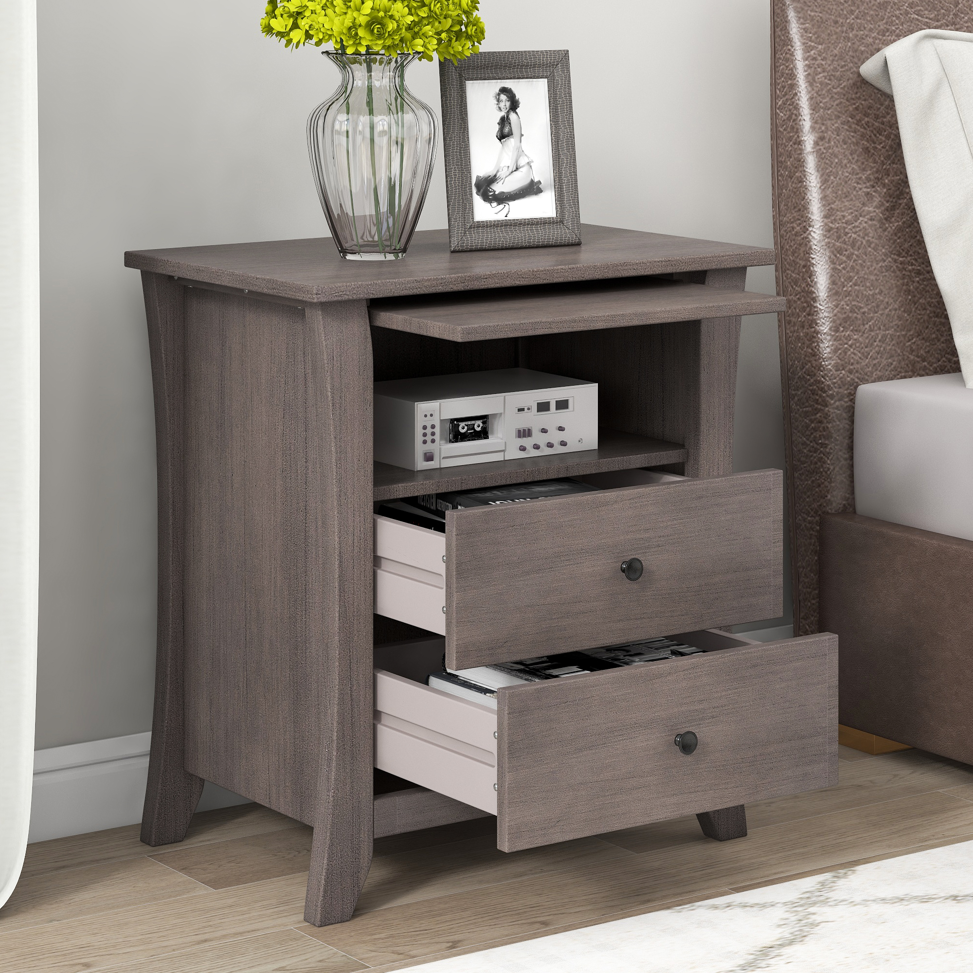 Multifunctional Storage Nightstand with 2 Drawers and an open cabinet,Grey-Boyel Living