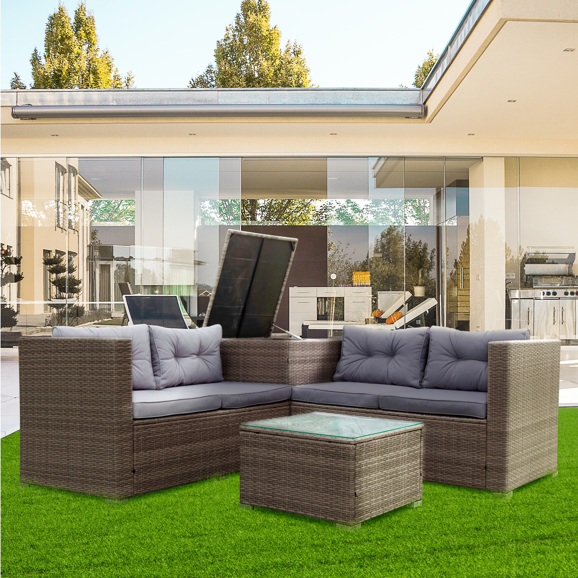 4 Piece Patio Sectional Wicker Rattan Outdoor Furniture Sofa Set with Storage Box Grey-Boyel Living