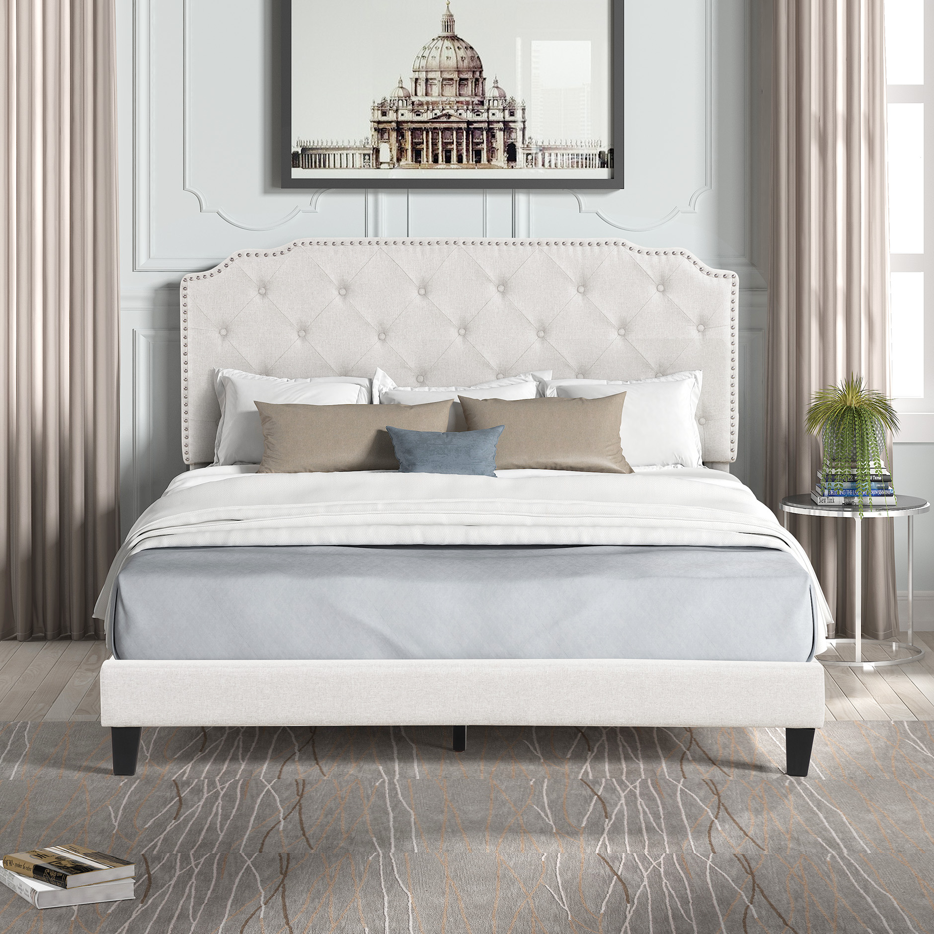 Queen Bed Frame with Diamond Button Tufted Headboard, Upholstered Platform Bed with Sturdy Wood Slat Support, No Box Spring Needed, Easy Assembly, Beige-Boyel Living