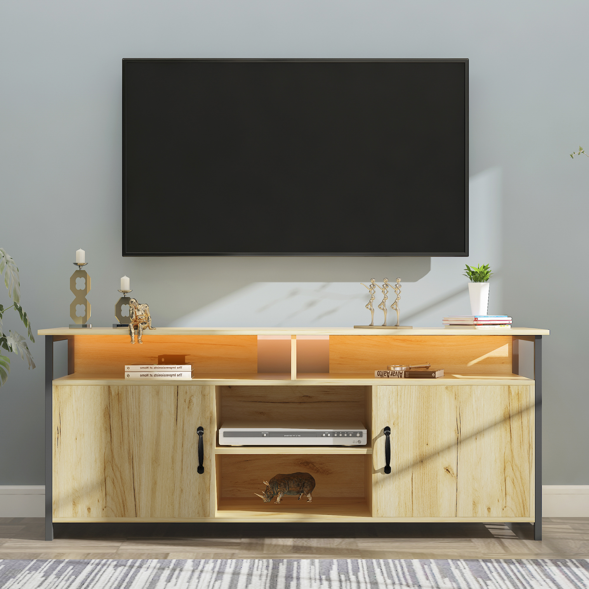 TV Stand ,Modern Wood Universal Media Console with Metal Legs, Home Living Room Furniture Entertainment Center,oak-Boyel Living