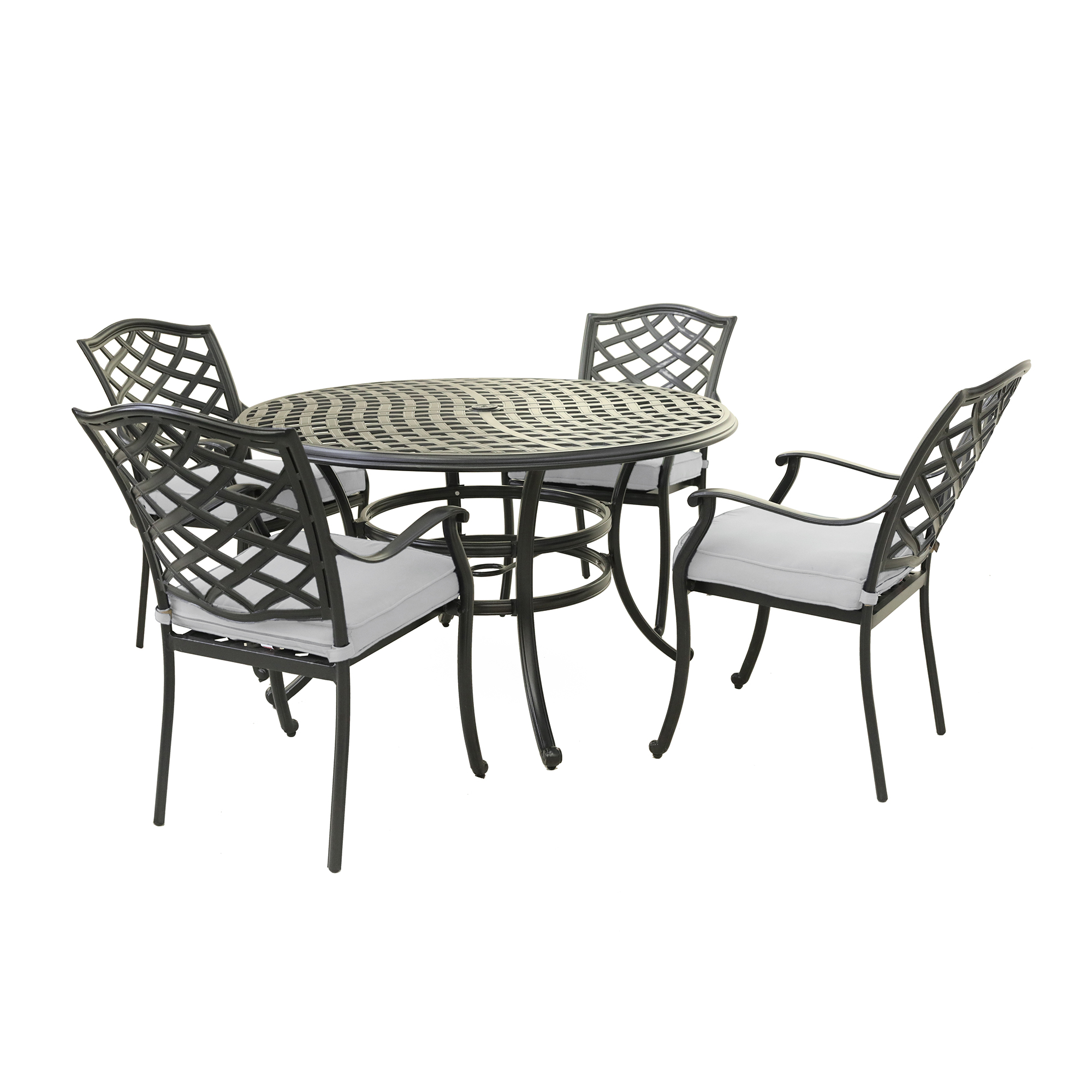 Outdoor Aluminum 5-Piece Round Dining Set With 4 Arm Chairs, Cast Silver
