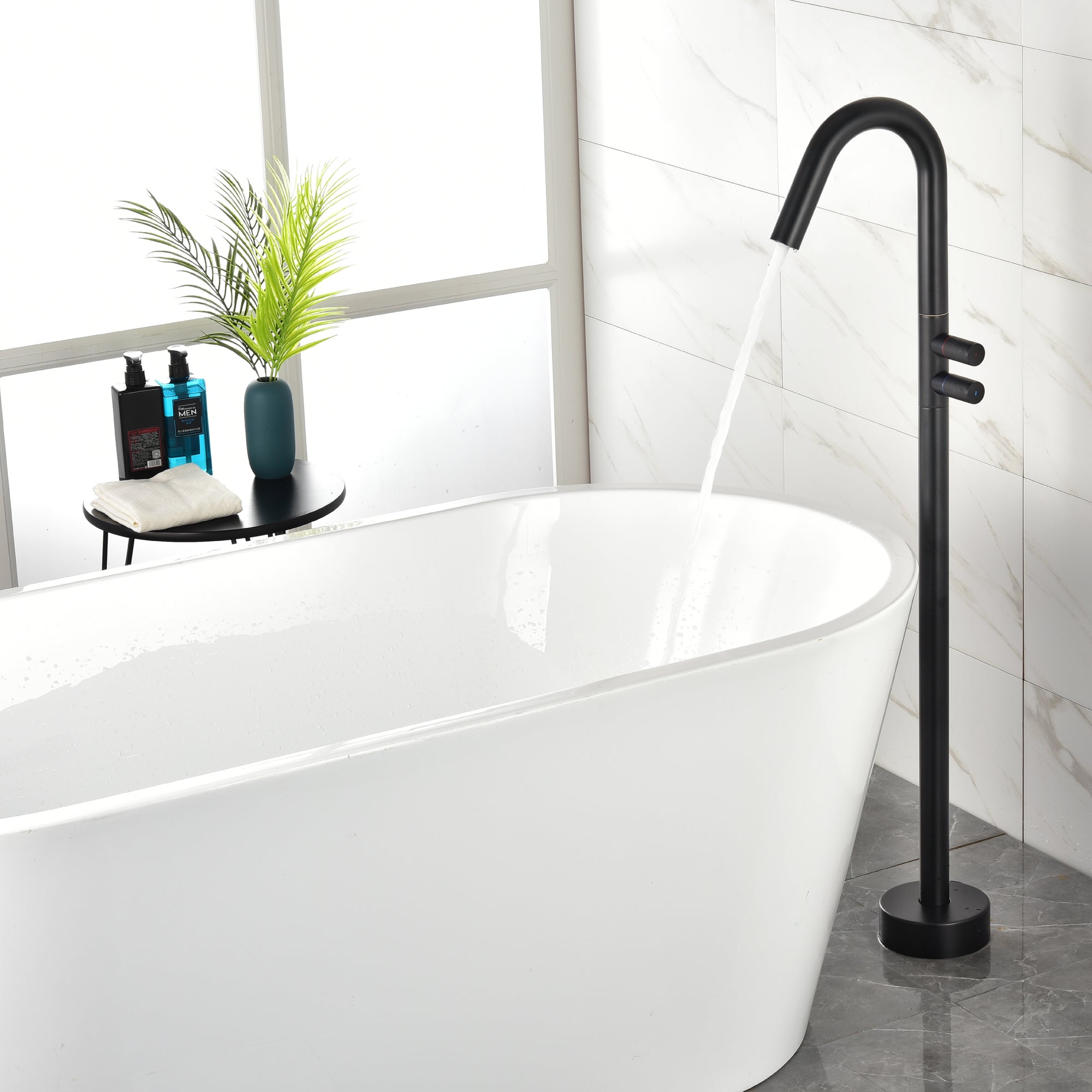 Boyel Living Freestanding Floor Mount 2-Handle Bath Tub Filler Faucet with Water Supply Lines in Matte Black-Boyel Living