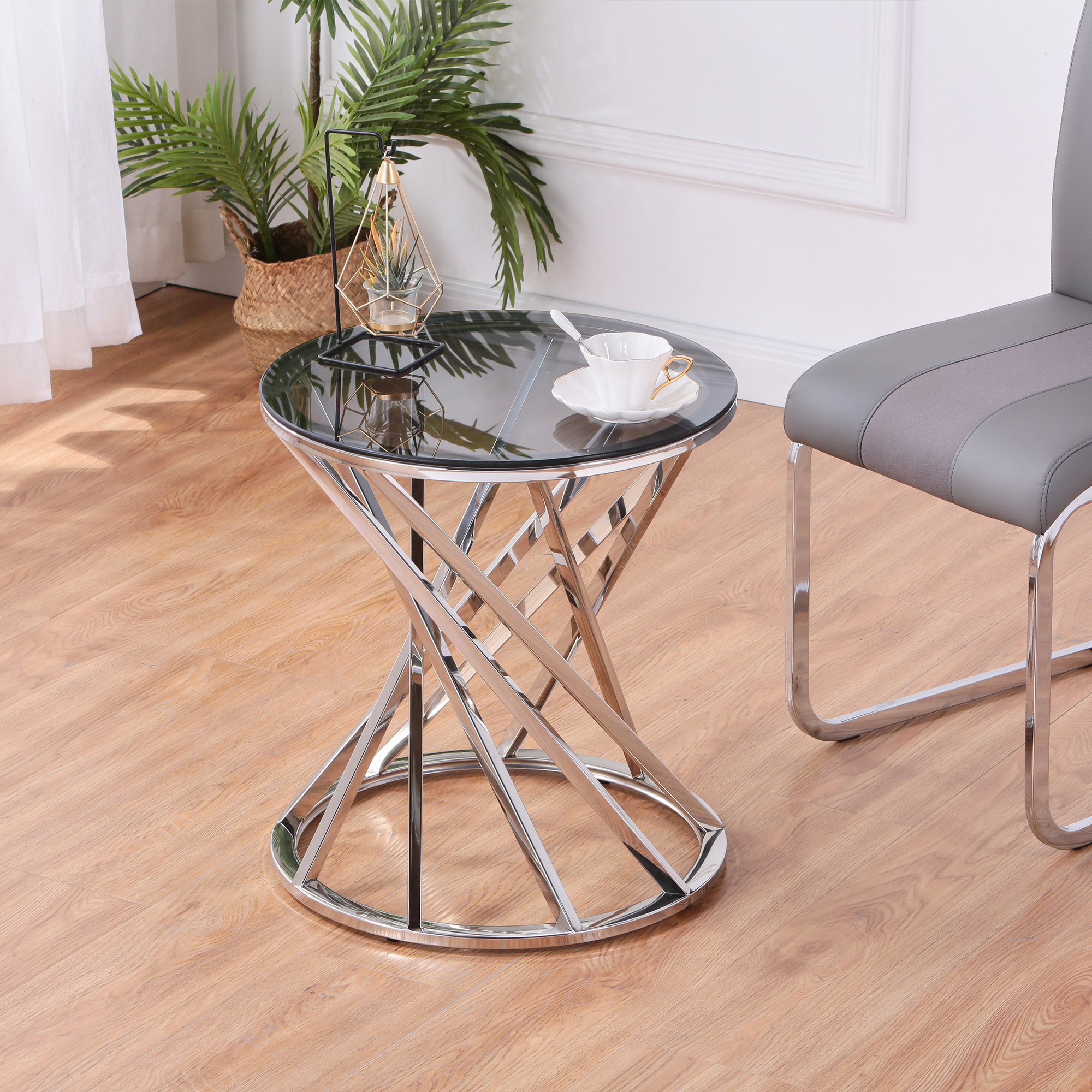 round glass silver side table