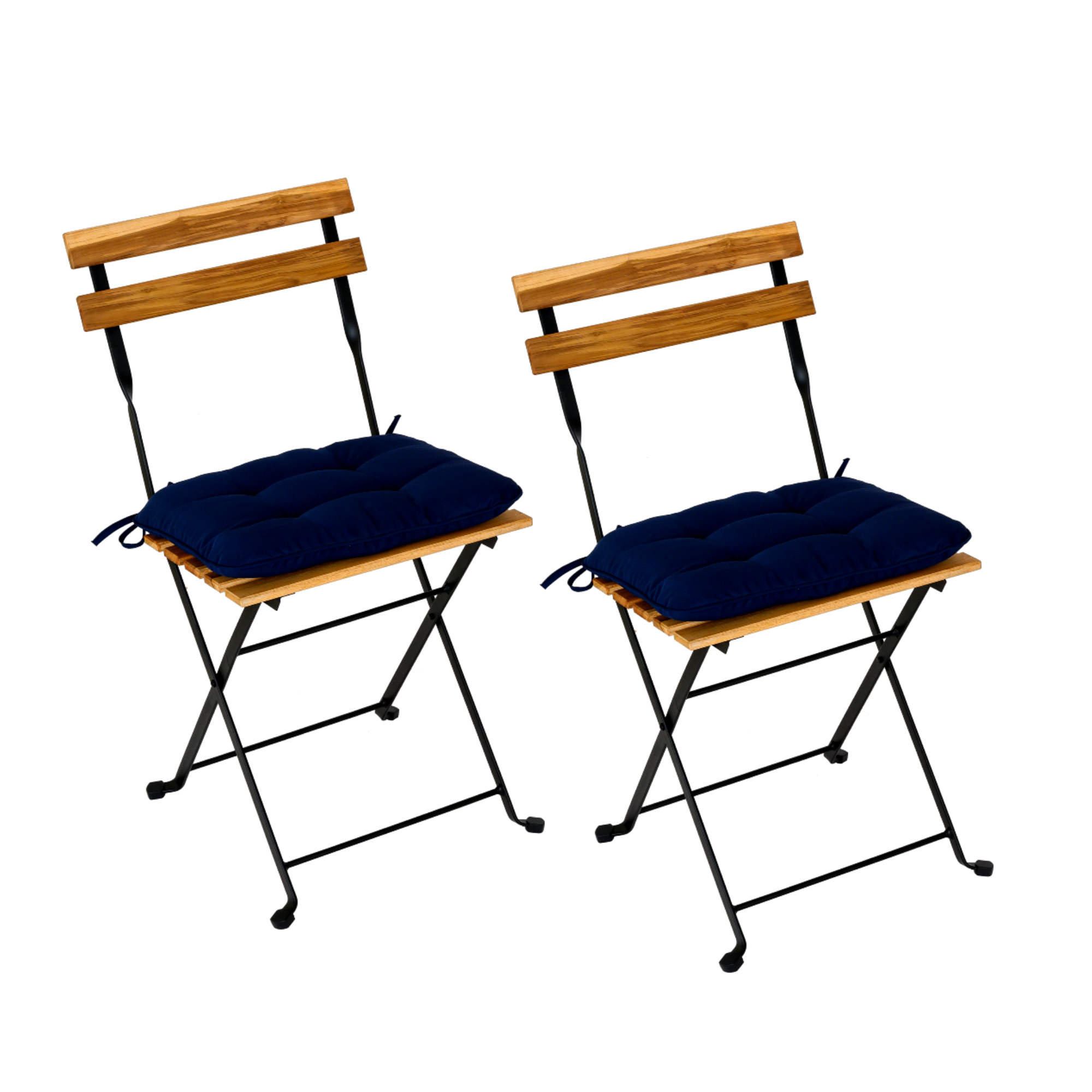 Set of Two Folding Solid Teak Wood Power Coating Frame With Waterproof Navy Cushion Outdoor Chairs-Boyel Living