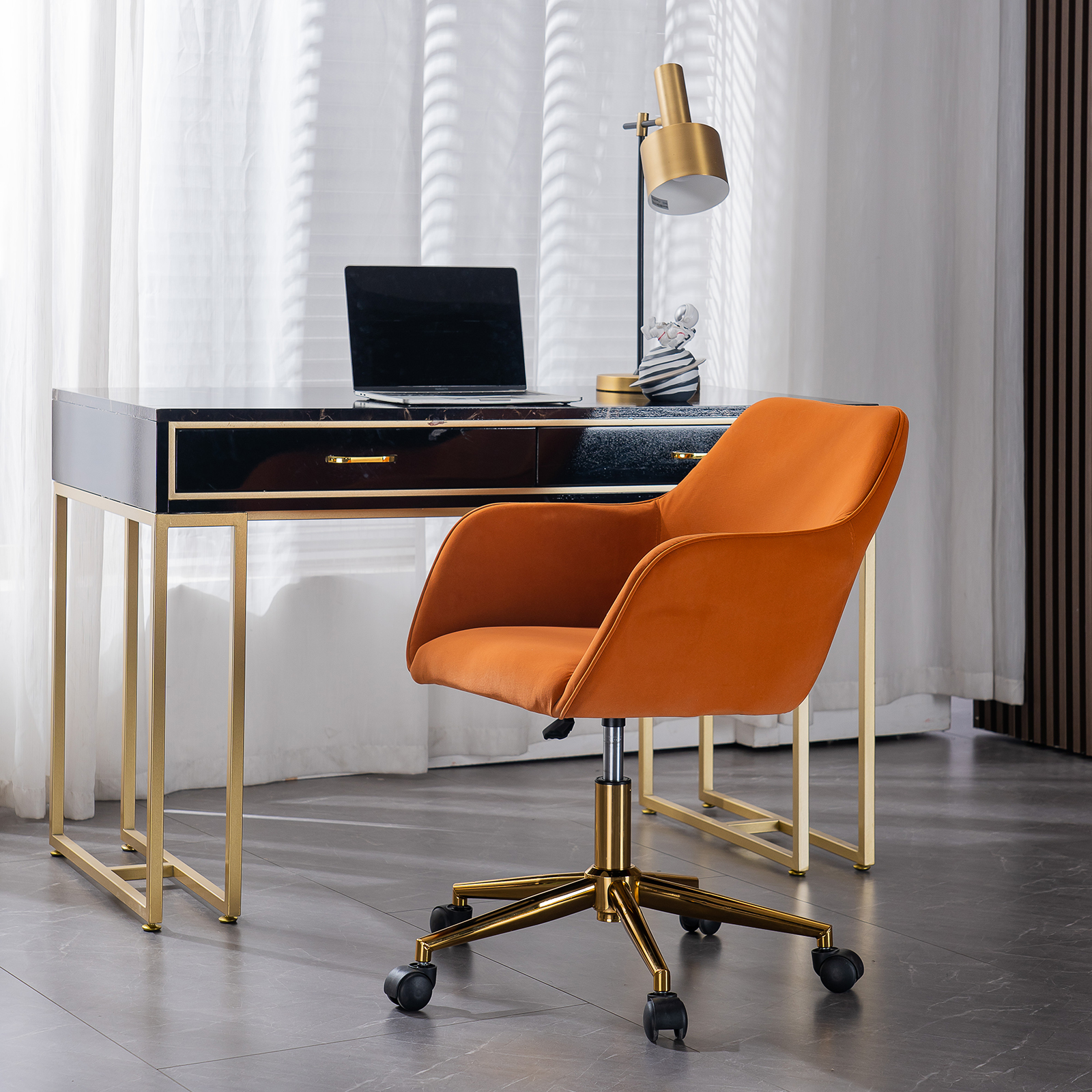 Modern Orange Velvet Material Adjustable Height 360 Revolving Home Office Chair with Gold Metal Legs and Universal Wheel For Indoor-Boyel Living