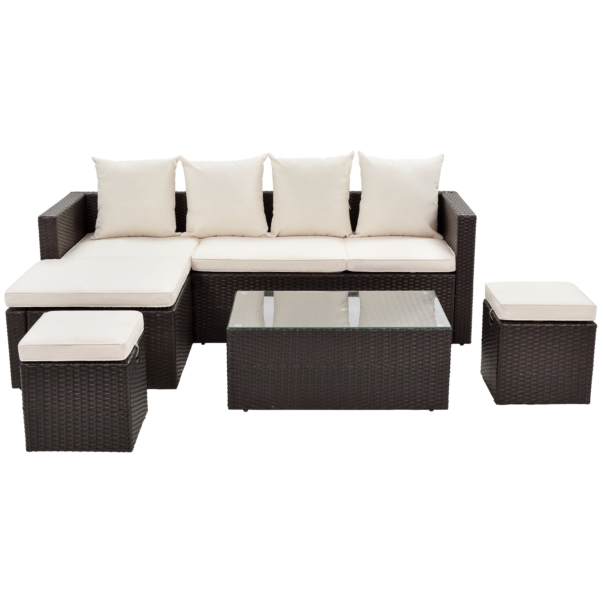 5-Piece Patio Furniture PE Rattan Wicker Lounger Sofa Set with Glass Table and Adjustable Chair (Brown wicker, Beige cushion)-Boyel Living