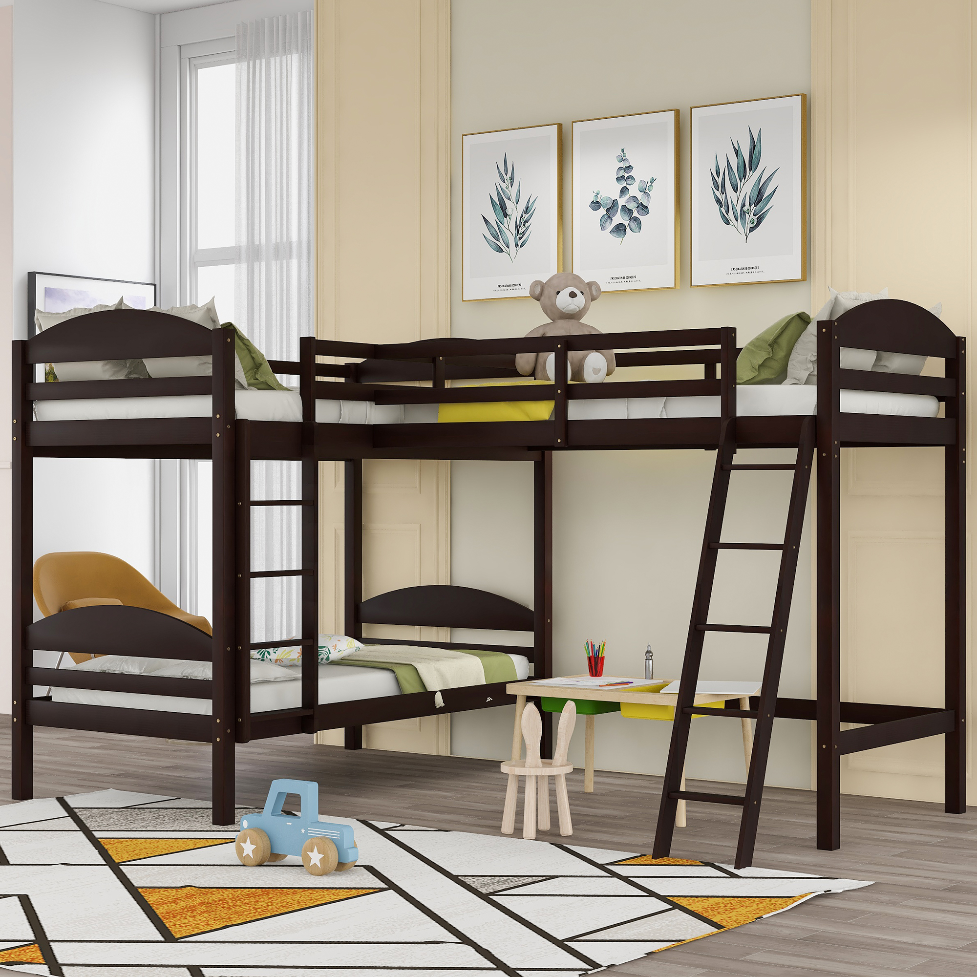 Twin L-Shaped Bunk Bed and Loft Bed - Espresso-Boyel Living