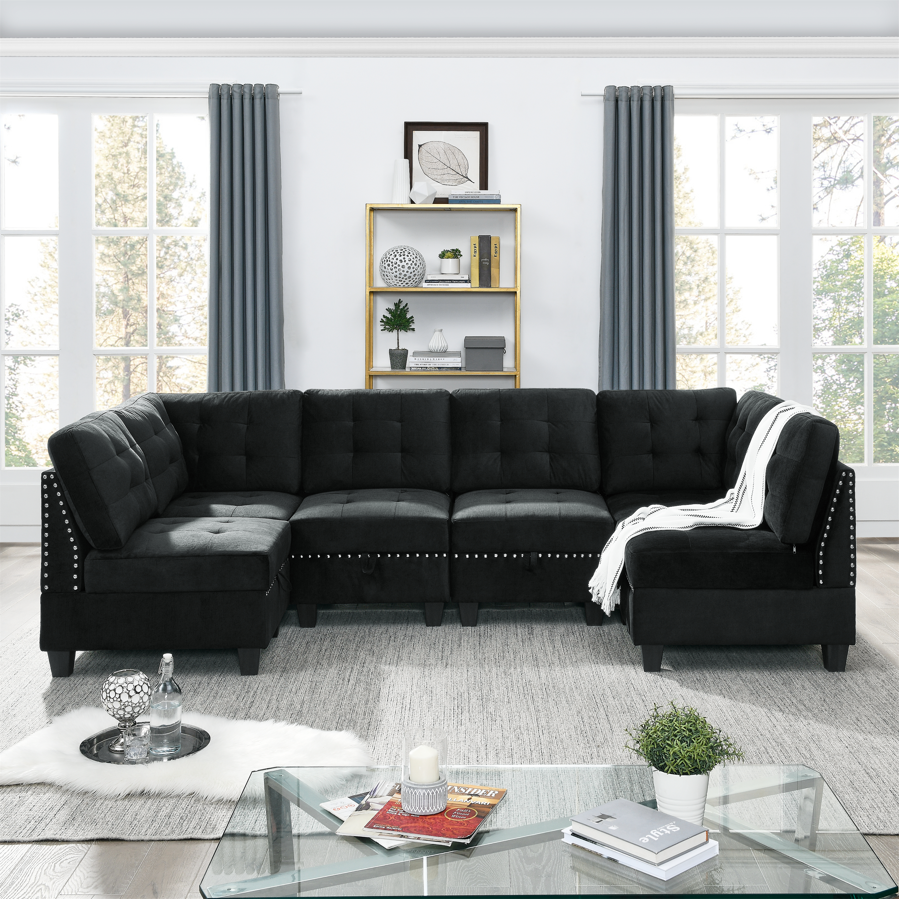 U shape Modular Sectional Sofa，DIY Combination，includes Four Single Chair and Two Corner，Black Velvet.-Boyel Living