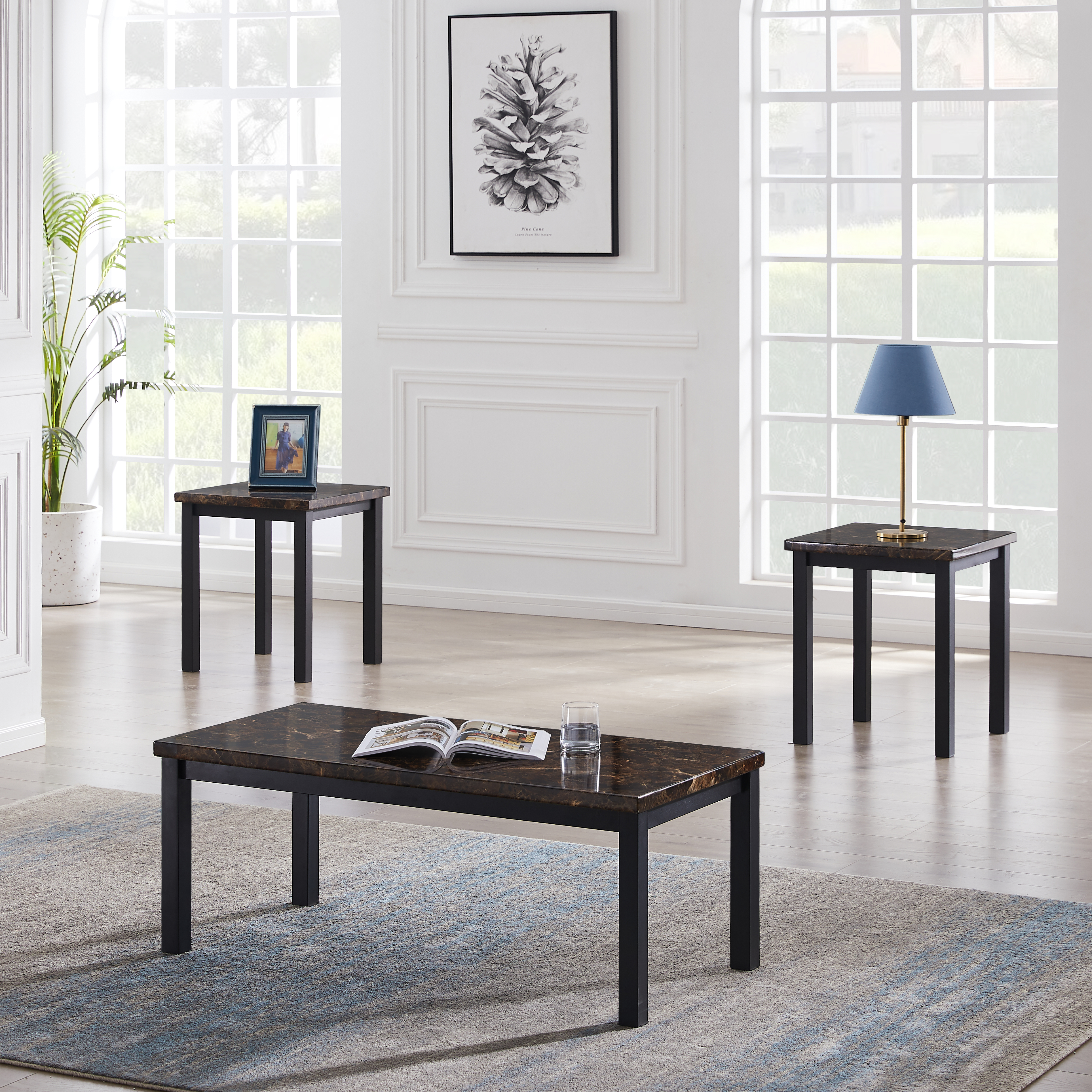 Faux Marble Top 3 Pieces Coffee Table Top with 2 End Tables-Boyel Living