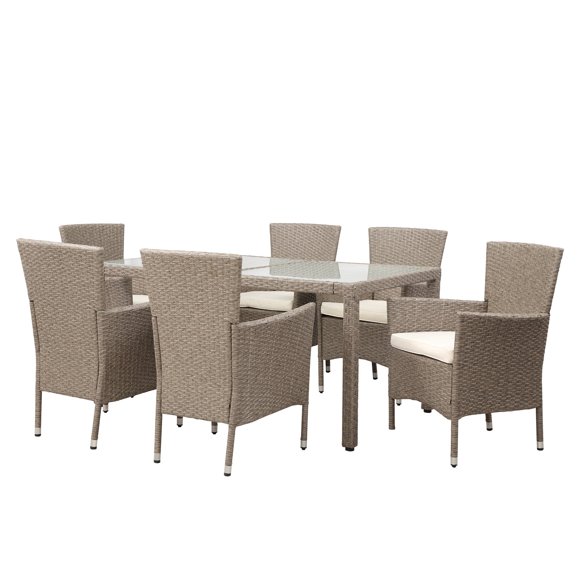 Outdoor Wicker Dining Set, 7 Piece Patio Dinning Table Beige-Brown Wicker Furniture Seating (Beige Cushions)-Boyel Living