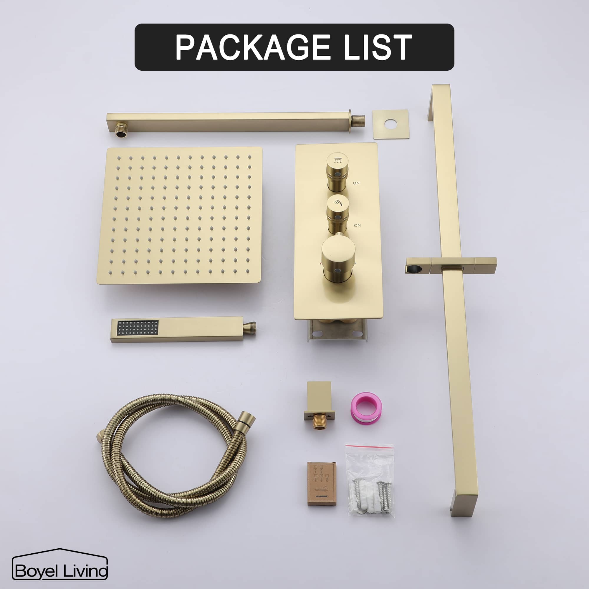 Boyel Living Wall-Mounted 2 GPM Bathroom Shower Faucets Set with Sliding Bar, 10-Inch Square Rainfall Shower Head and Handheld Shower in Brushed Gold-Boyel Living