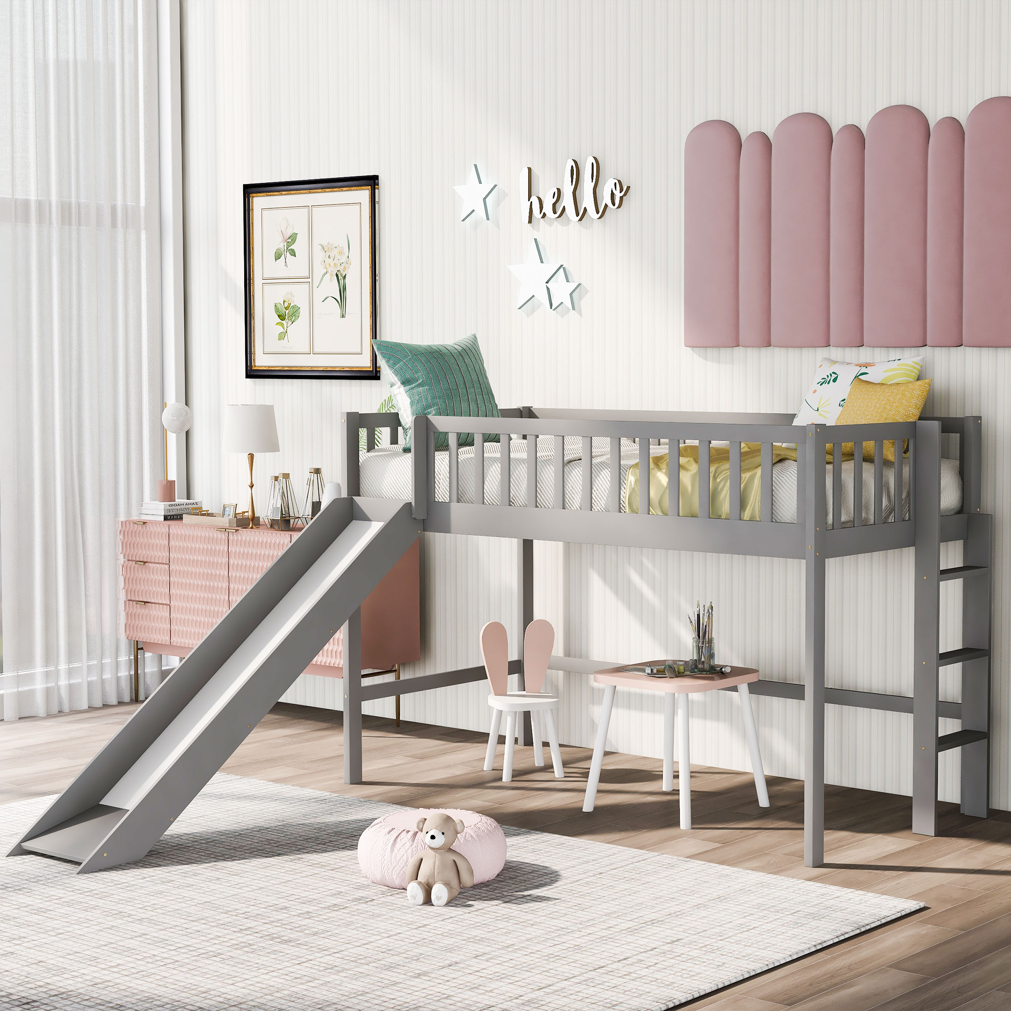Twin Size Low Loft Bed with Ladder and Slide, Gray(OLD SKU:WF196418AAE)-Boyel Living