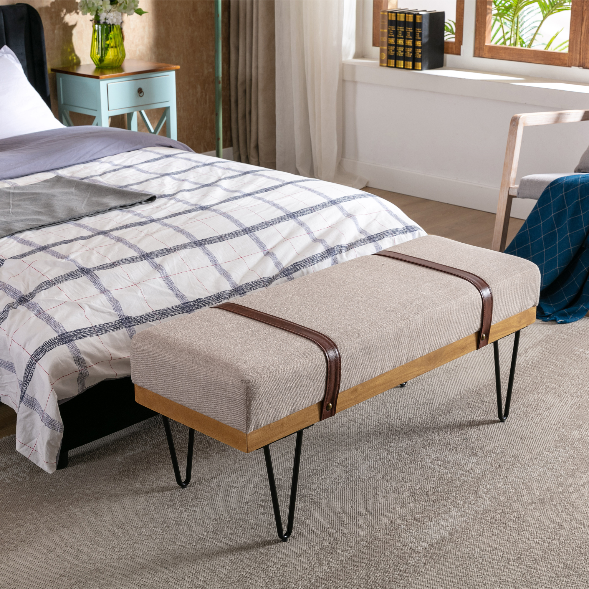 Linen Fabric soft cushion Upholstered solid wood frame Rectangle bed bench with powder coating metal legs ,Entryway footstool-Boyel Living
