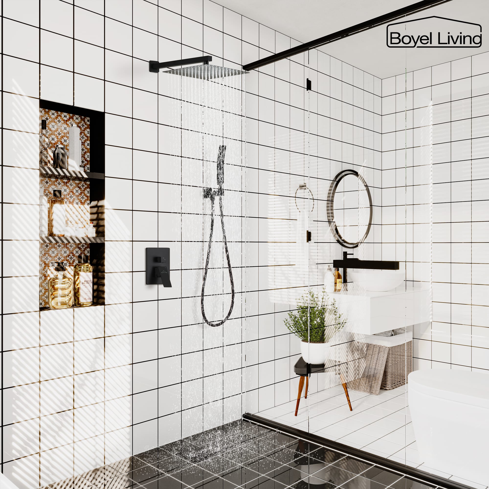 Boyel Living 1-Spray Patterns with 2.5 GPM 12 in. Wall Mount Dual Shower Heads, Shower System with Mixing Valve Included-Boyel Living