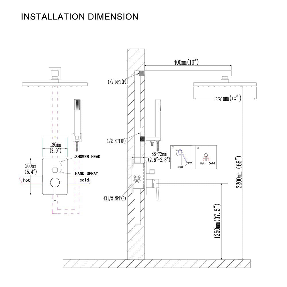 Boyel Living 10 in. Square Shower System Bathroom Shower Towers with Hand-Shower in Black-Boyel Living
