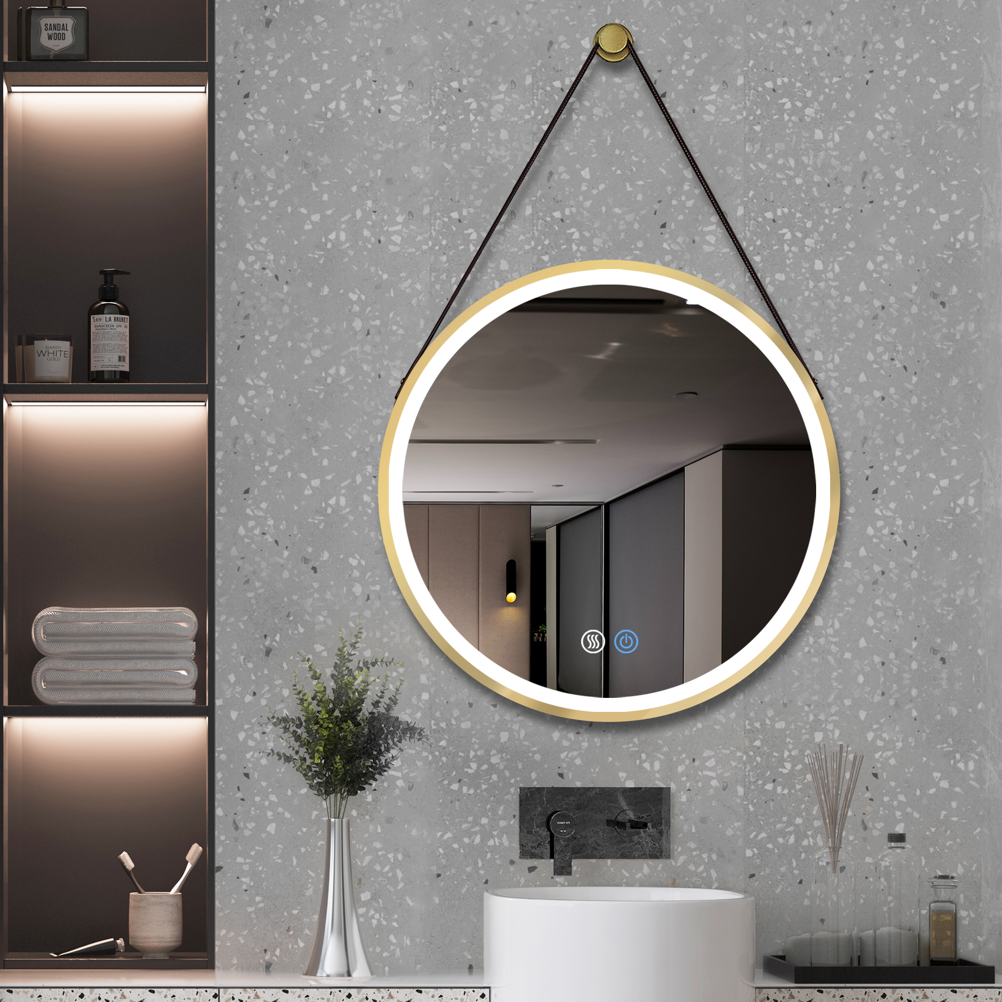 24 Inch Golden Round Frame with Lamp Hanging Bathroom Mirror-Boyel Living
