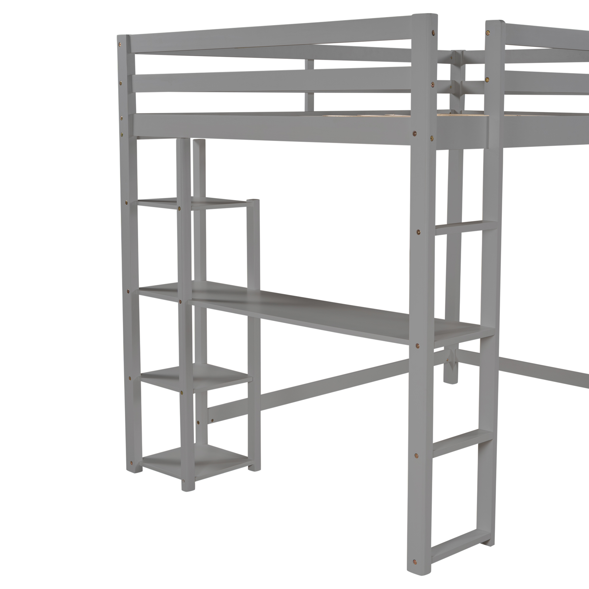 Full Size Loft Bed with Built-in Desk and Shelves,White/Gray