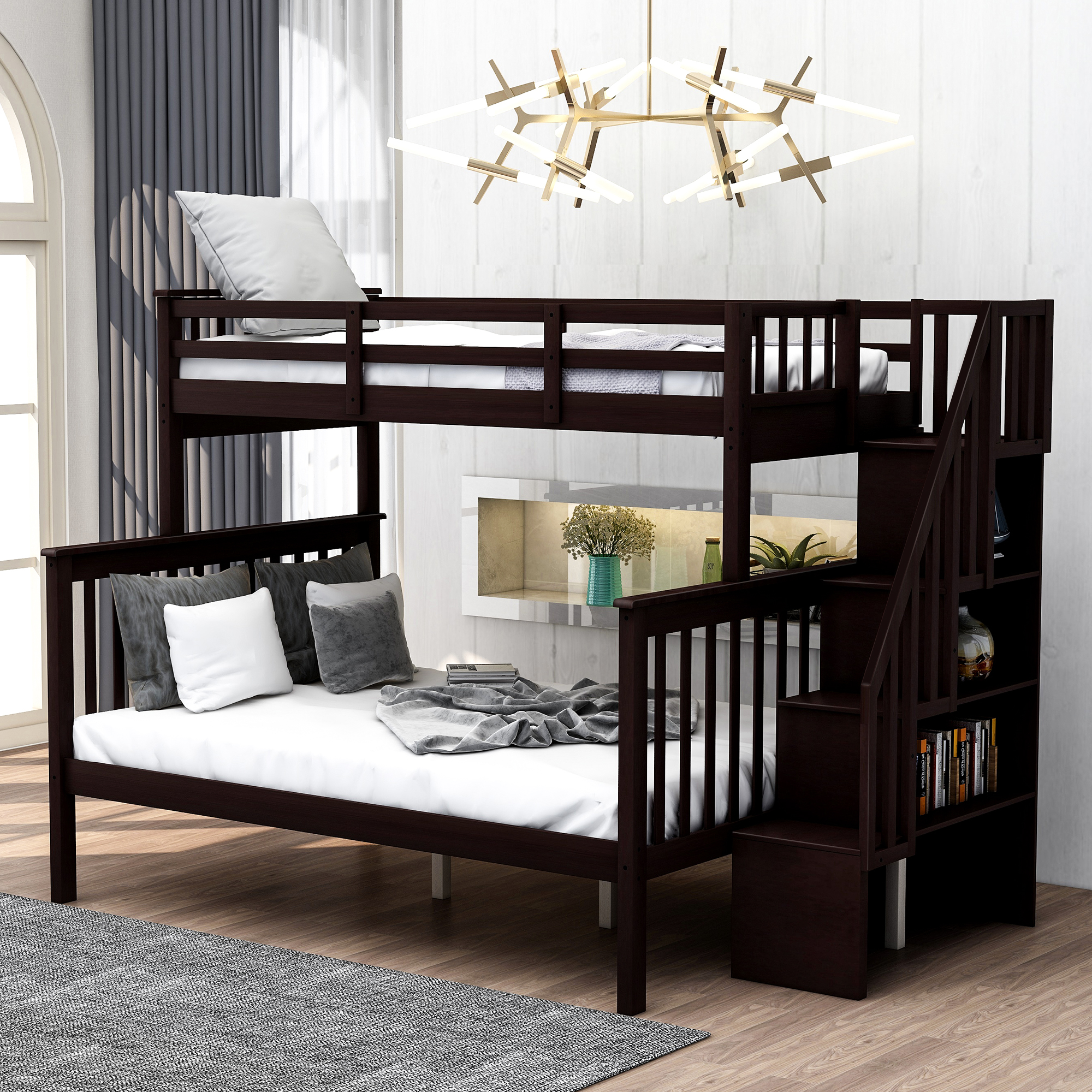 Stairway Twin-Over-Full Bunk Bed with Storage and Guard Rail for Bedroom, Espresso color-Boyel Living