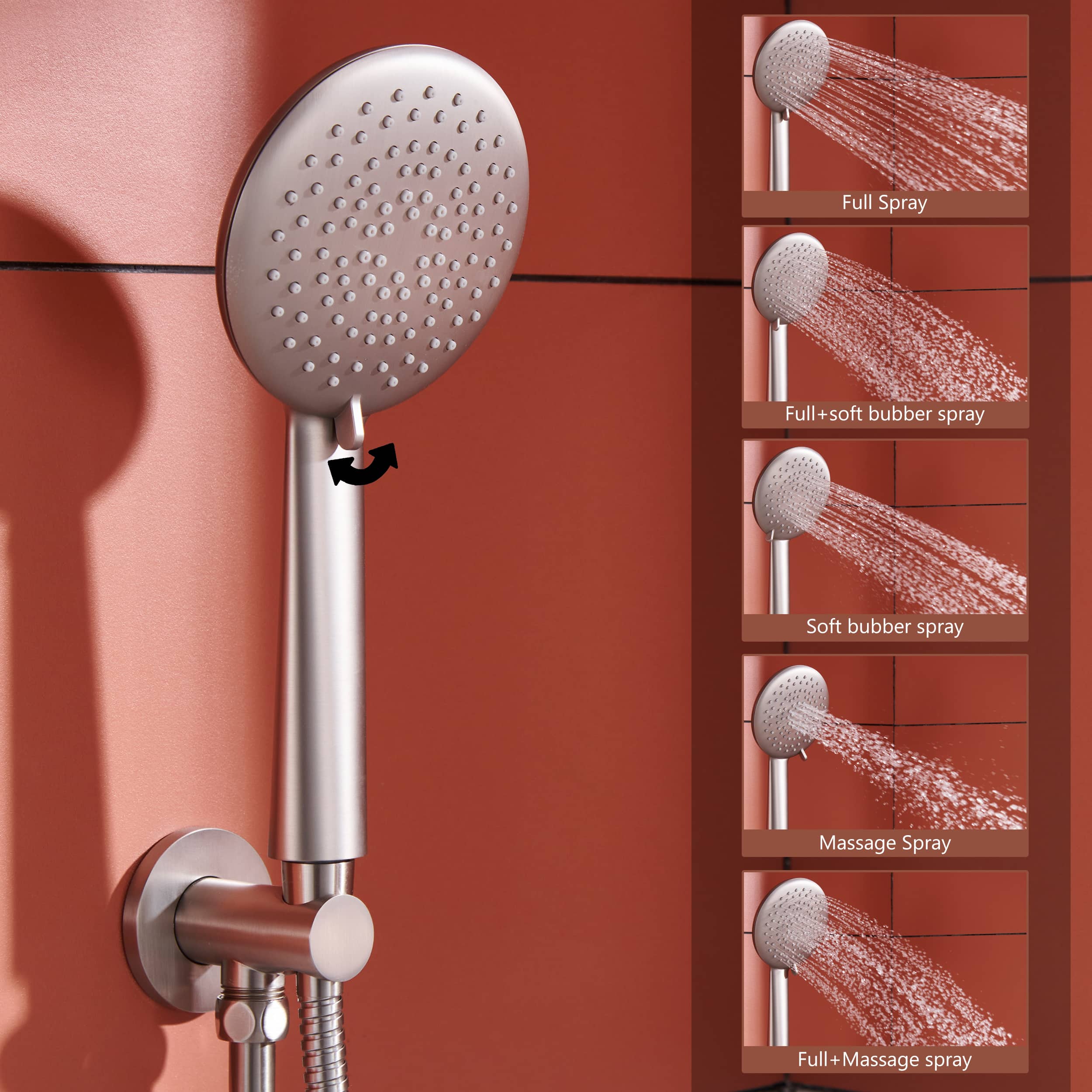 Wall Mount Thermostatic Round Rain Shower System with 5 Spray Patterns Handheld Shower in Brushed Nickel-Boyel Living