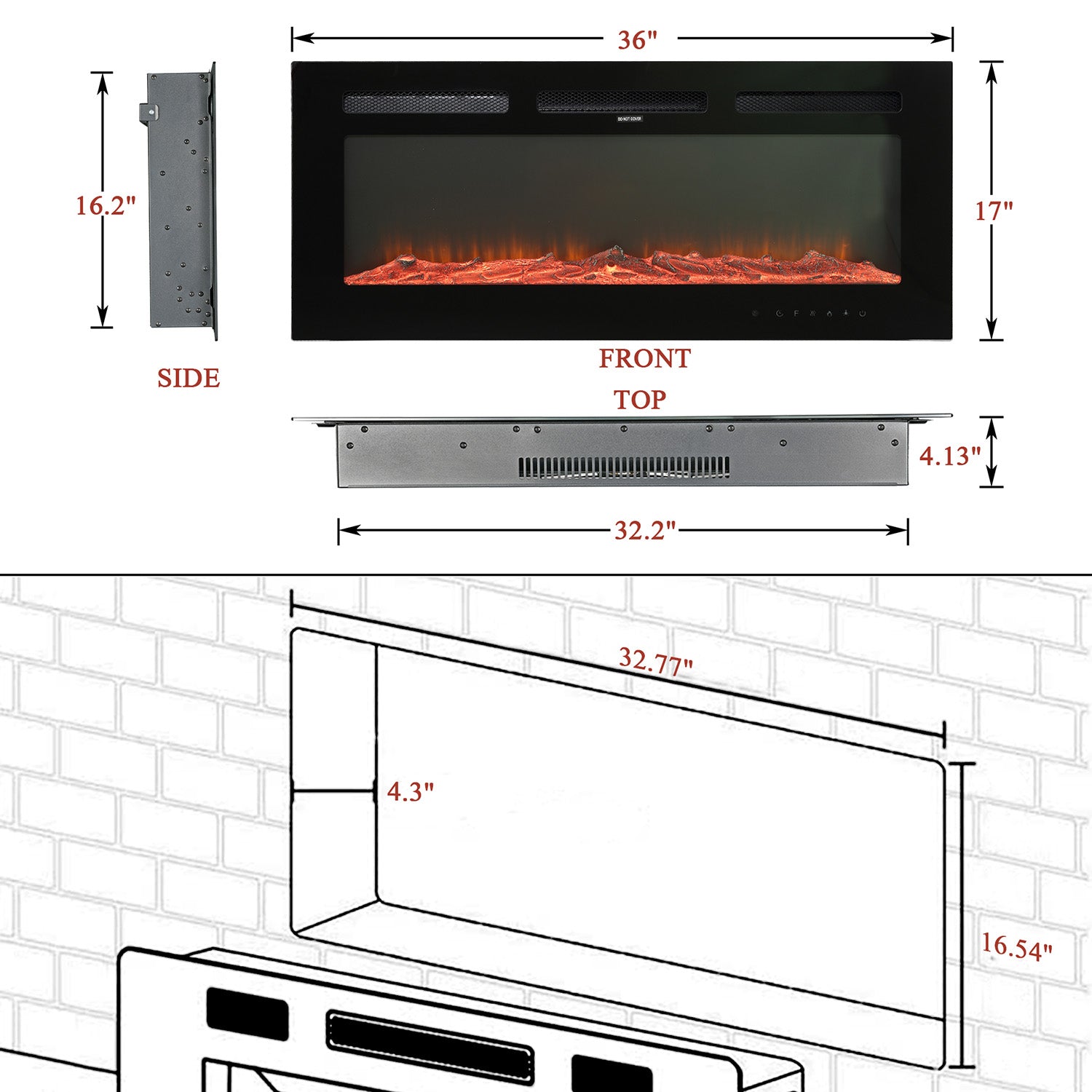 Boyel Living Electric Wall Mounted Recessed Fireplace with Remote 1500/750 Watt in Black, 30/36/40/50/60 in.-Boyel Living