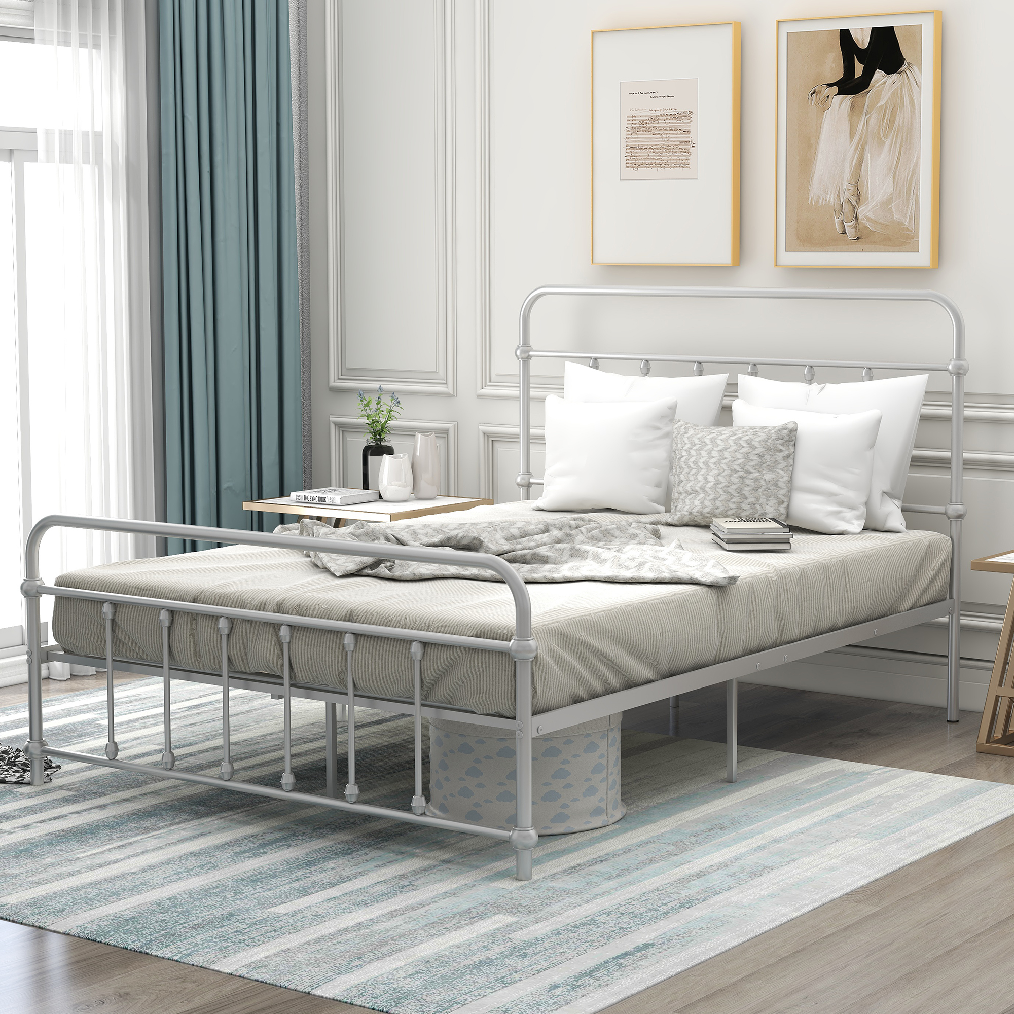 Full Size Metal Platform Bed with Headboard and Footboard, Iron Bed Frame for Bedroom, No Box Spring Needed ，Silver-Boyel Living